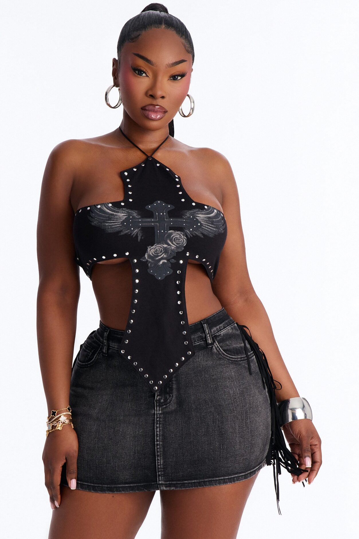 Wings Of An Angel Studded Halter Top - Black