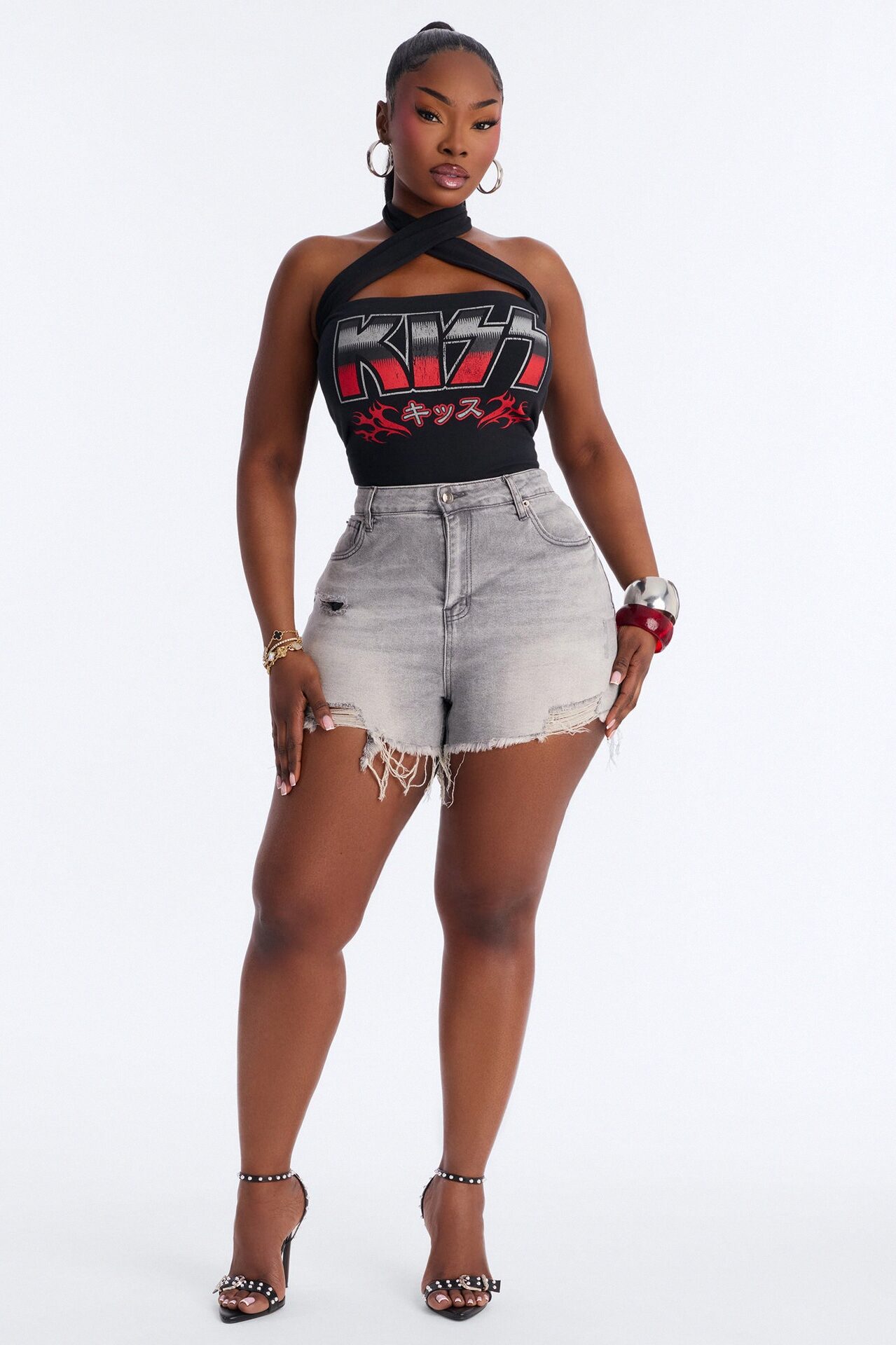Libby High Rise Ripped Denim Shorts - Grey