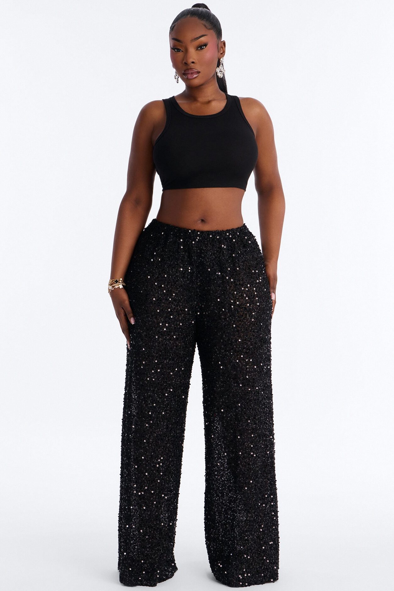 Azalea Low Rise Sequin Crochet Wide Leg Pant 33″ - Black