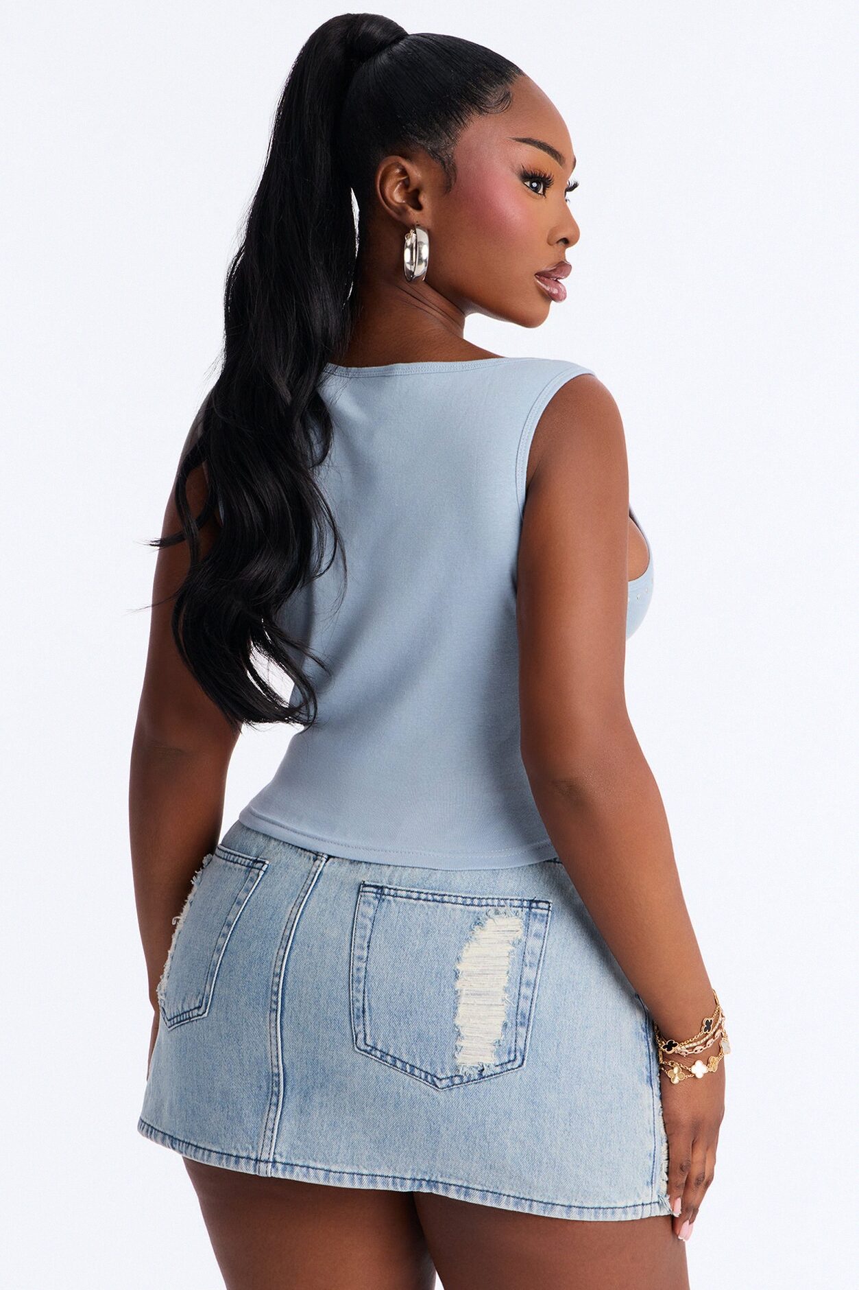 MTV Studded Notch Neck Tank - Dusty Blue