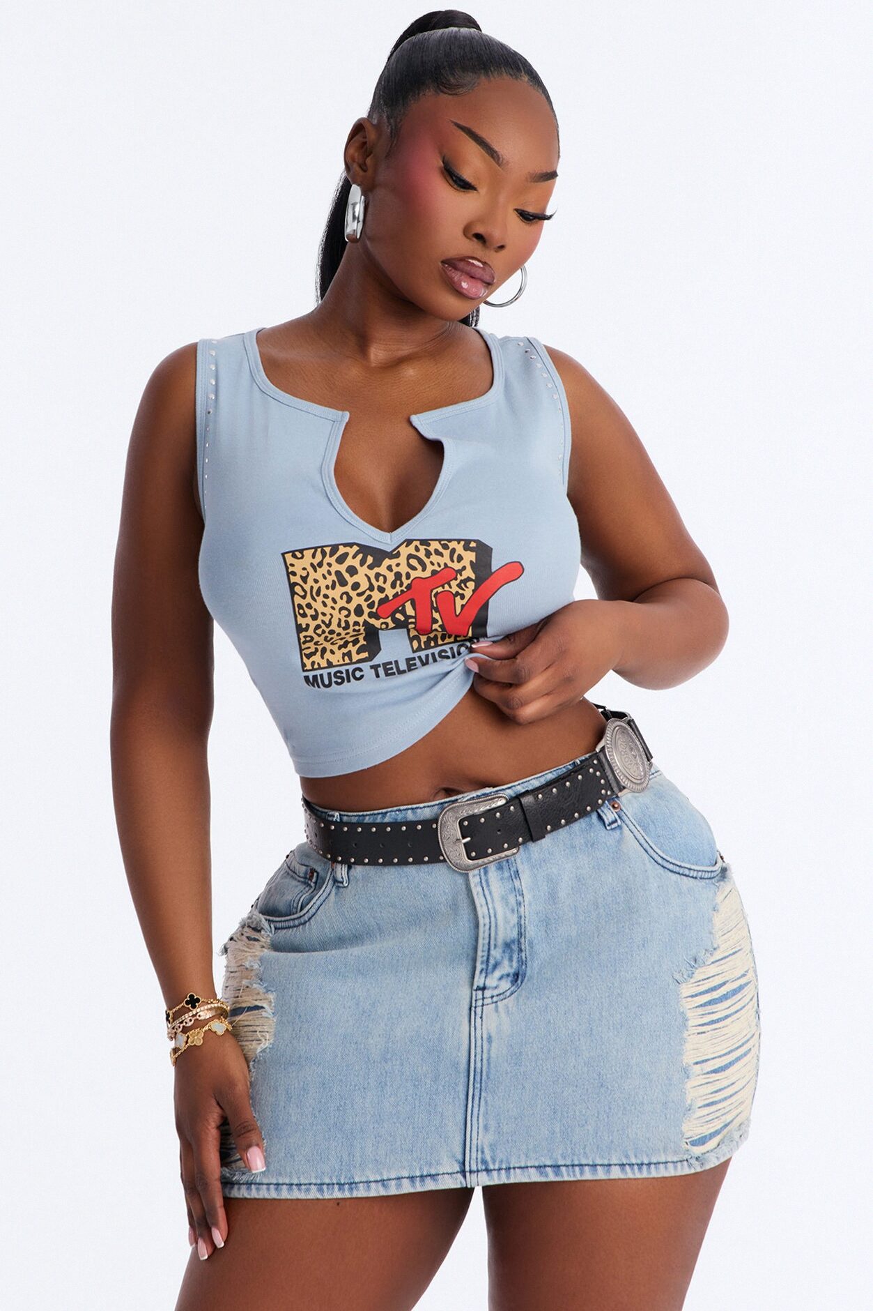 MTV Studded Notch Neck Tank - Dusty Blue