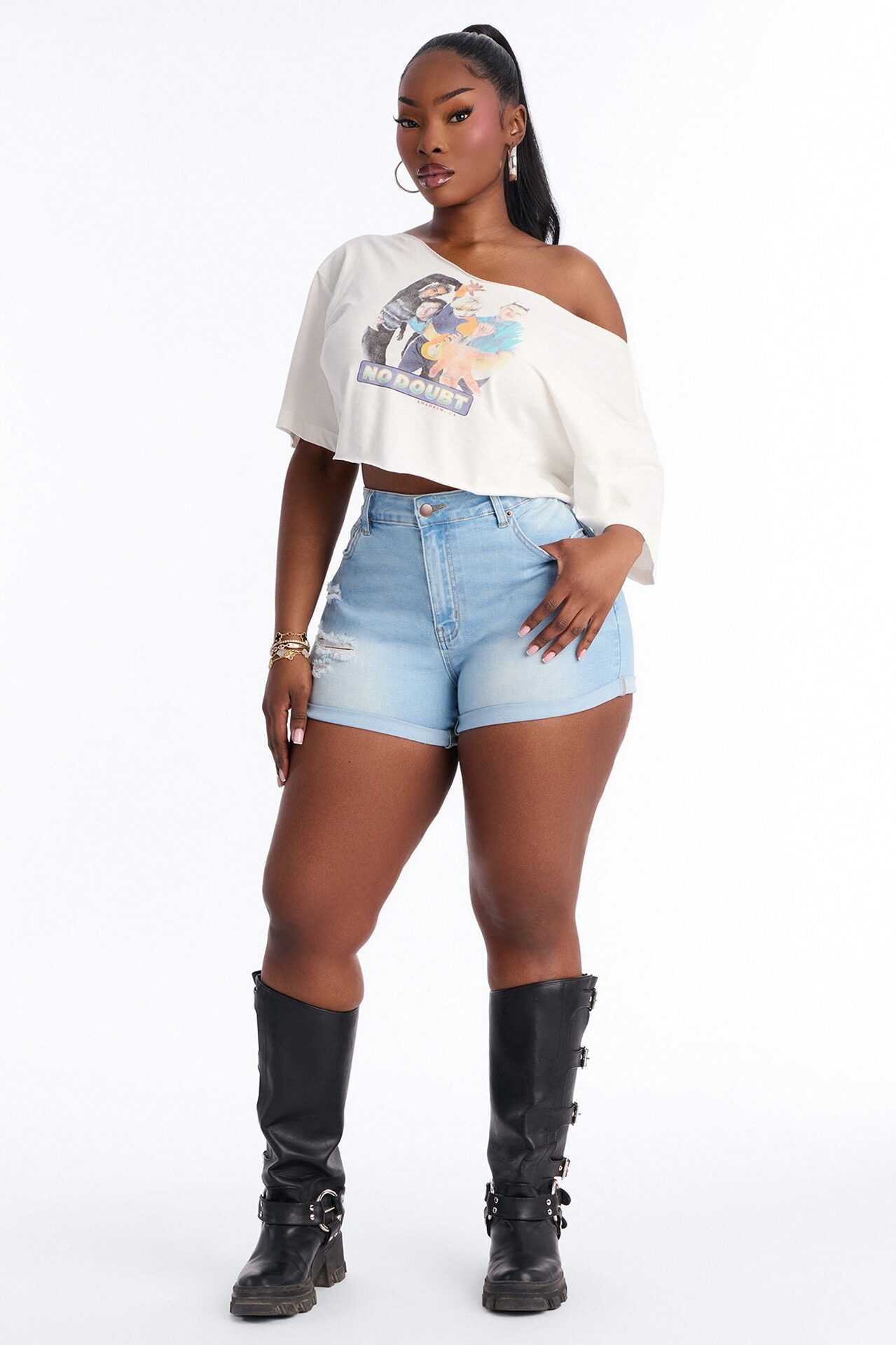 No Doubt Off Shoulder Cropped Tee - Cream