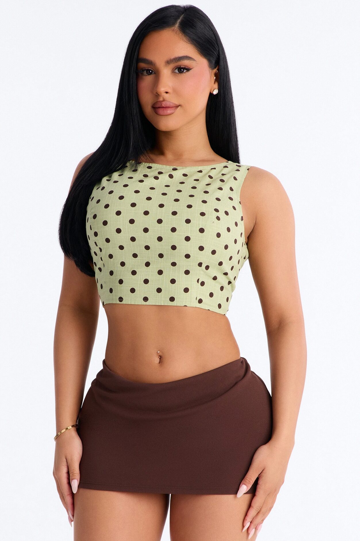 On The Cute Side Polka Dot Cropped Linen Top - Sage/combo
