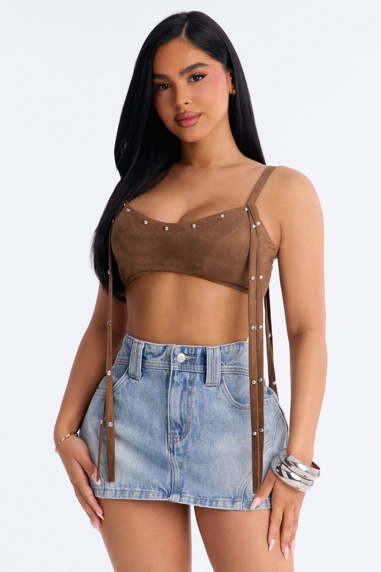 Desert Rebel Faux Suede Studded Fringe Bra Top - Brown