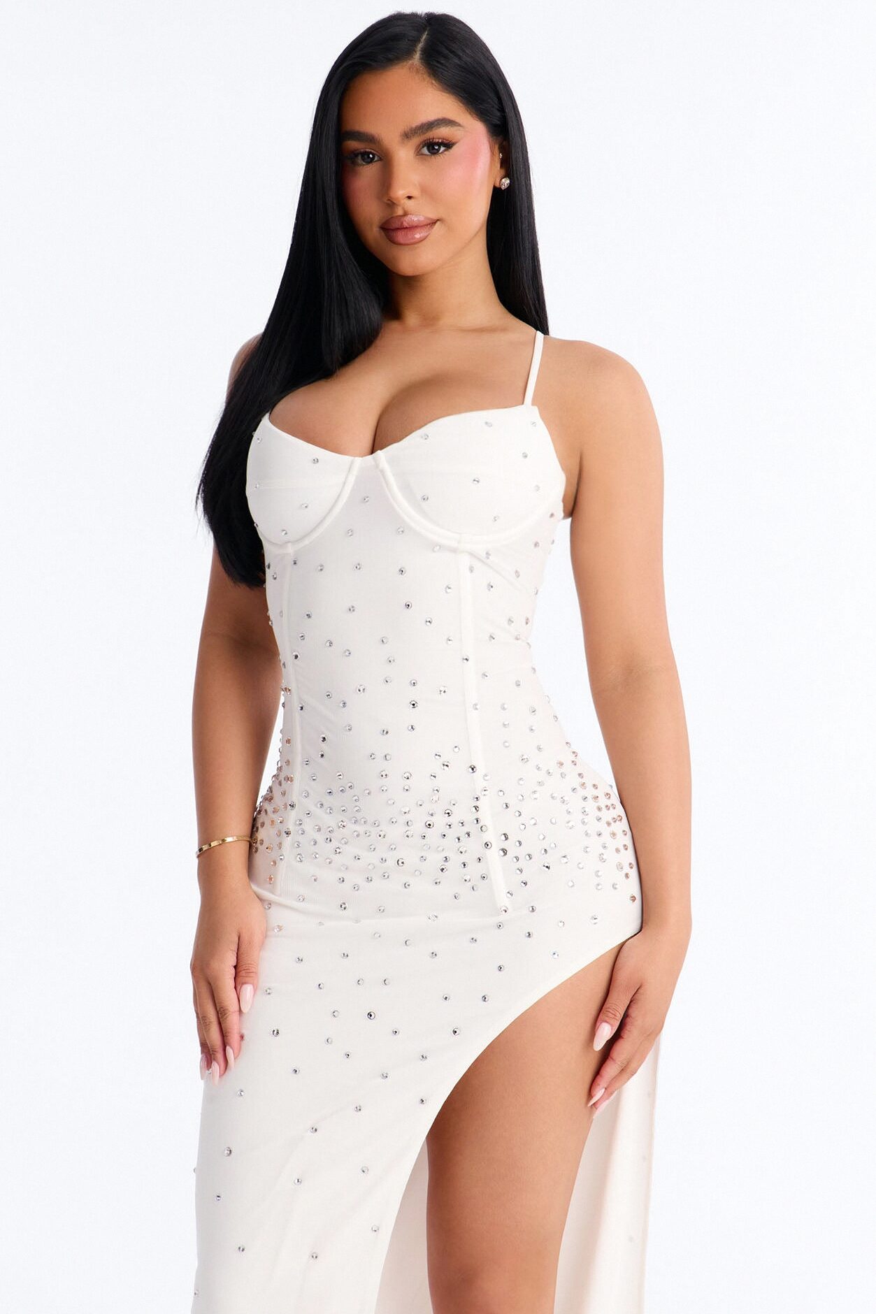 Celina Rhinestone Mesh Maxi Dress - White
