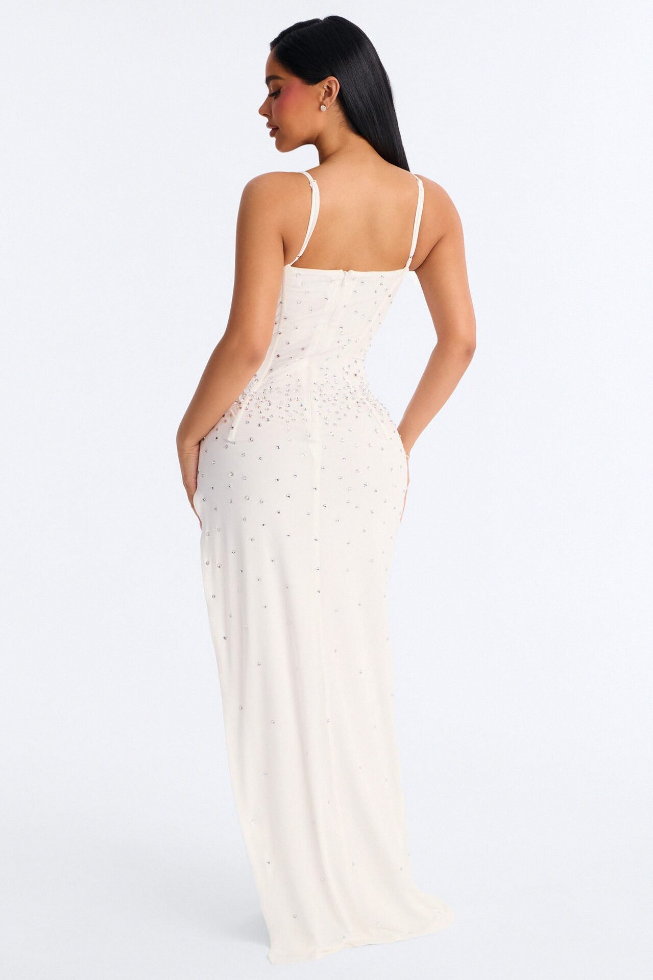Celina Rhinestone Mesh Maxi Dress - White