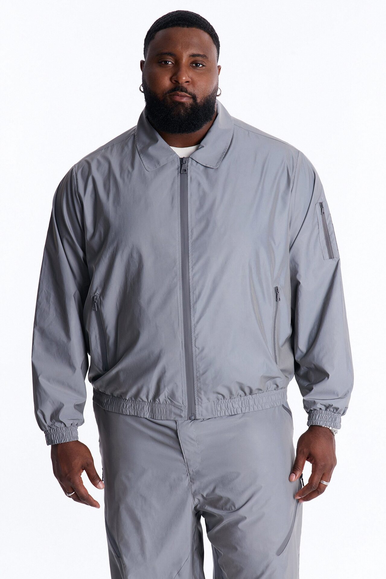 Cropped Relaxed Reflective Zip Bomber Jacket - Silver