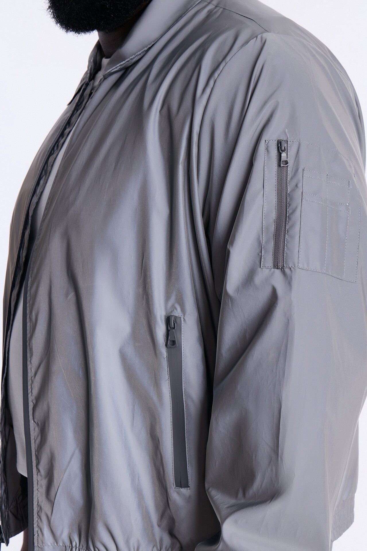 Cropped Relaxed Reflective Zip Bomber Jacket - Silver