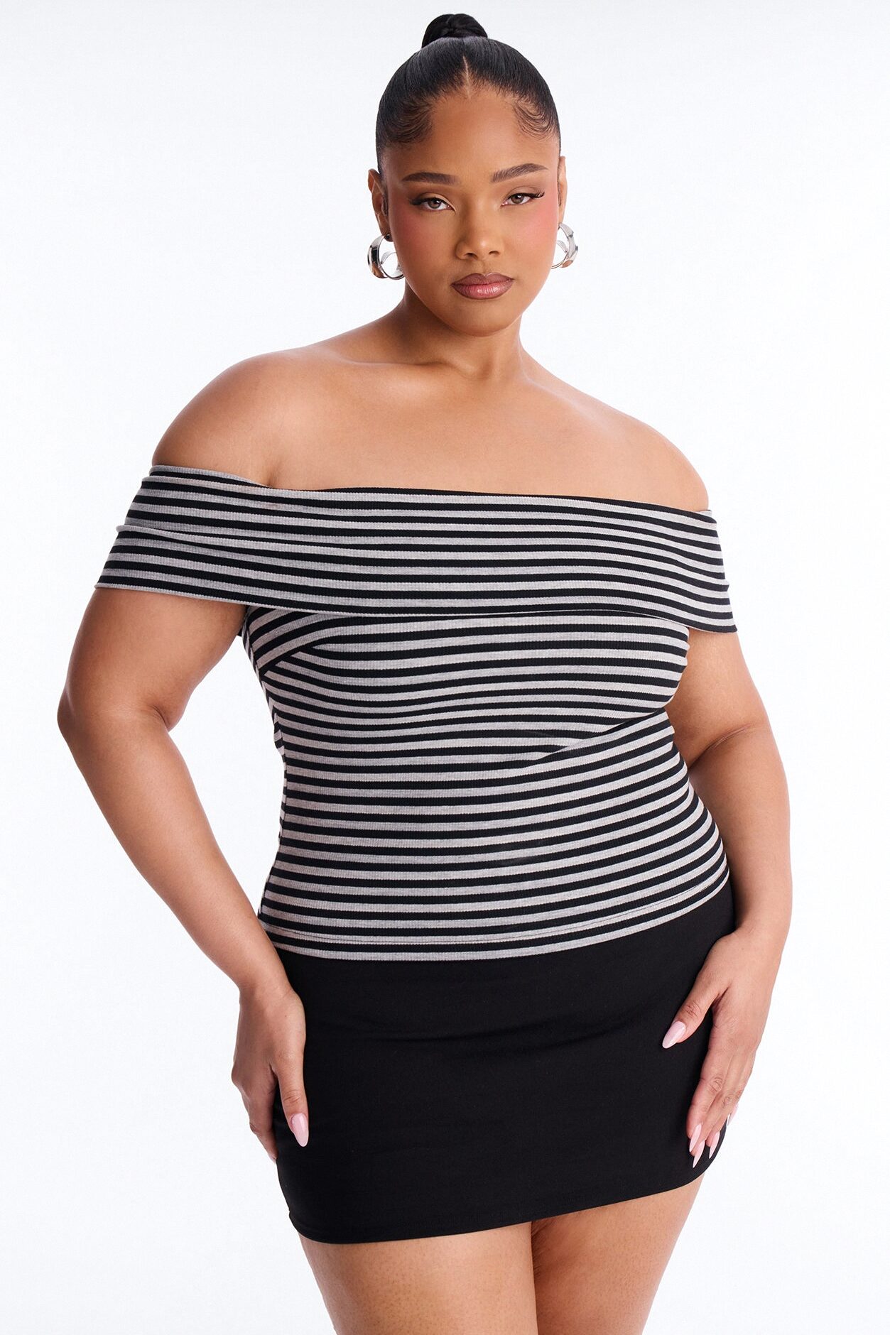 Nicole Striped Off Shoulder Short Sleeve Top - Black/combo