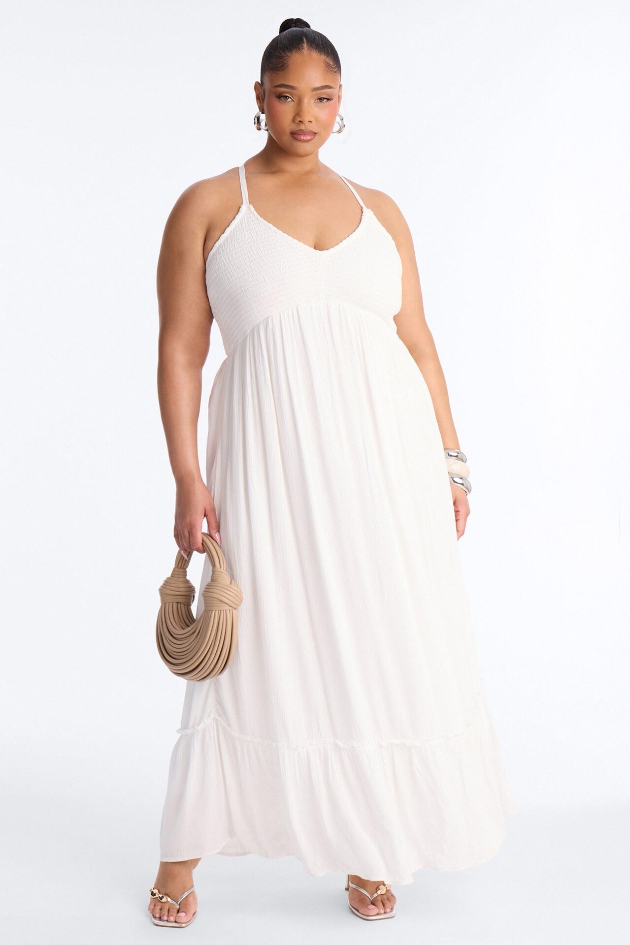 Raina Smocked Linen Maxi Dress - White