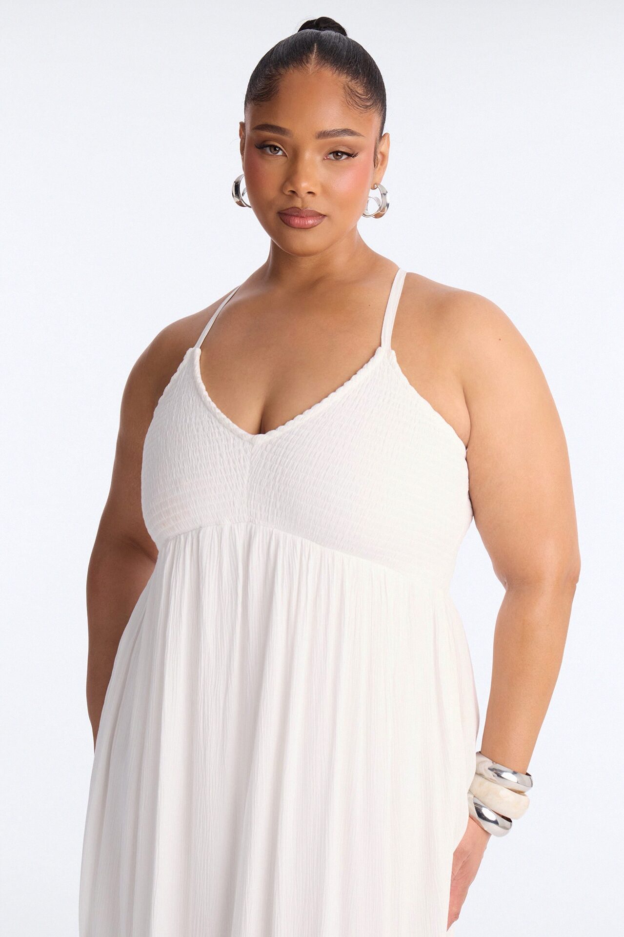 Raina Smocked Linen Maxi Dress - White
