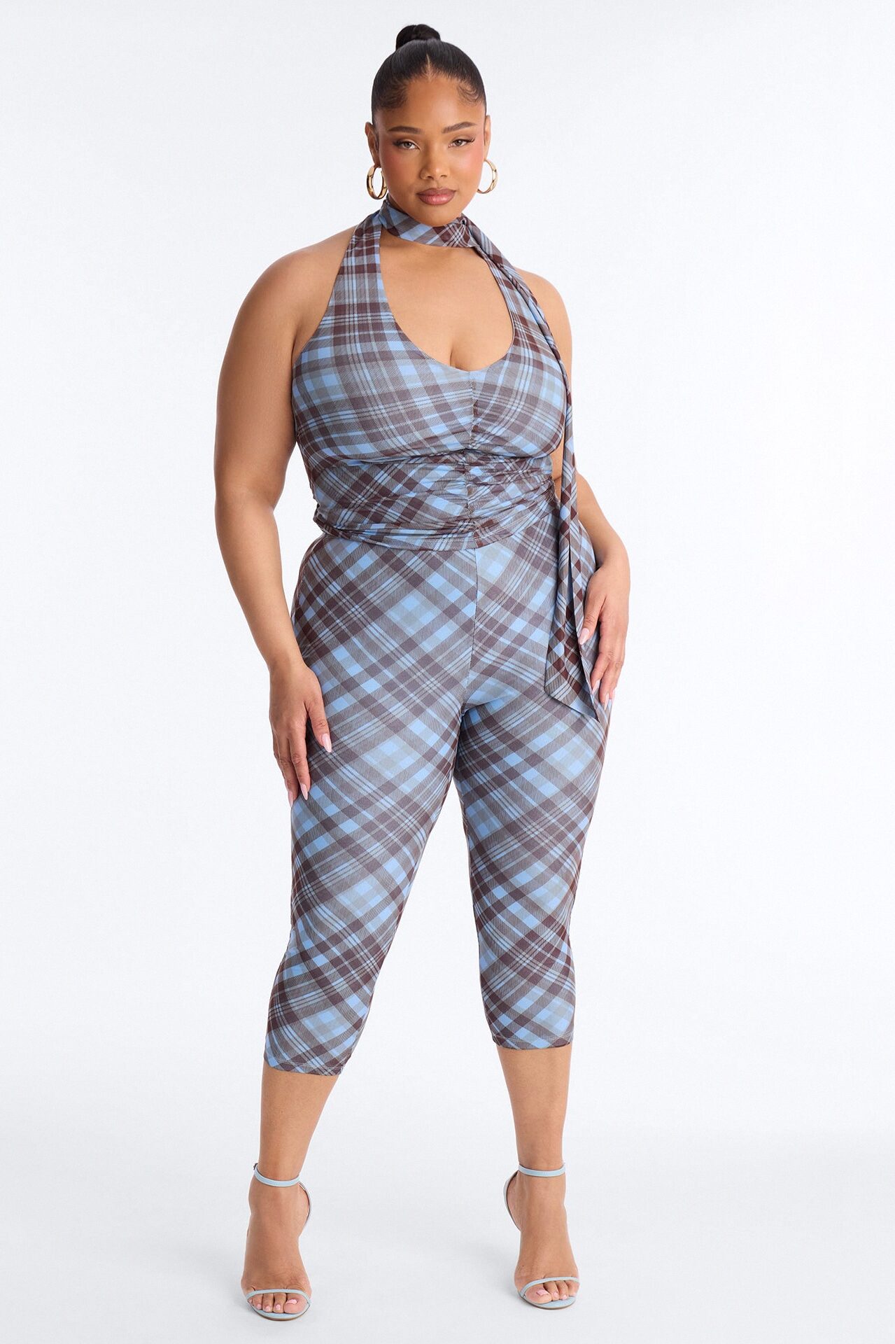 Paloma Plaid Halter 3 Piece Capri Set - Blue/combo