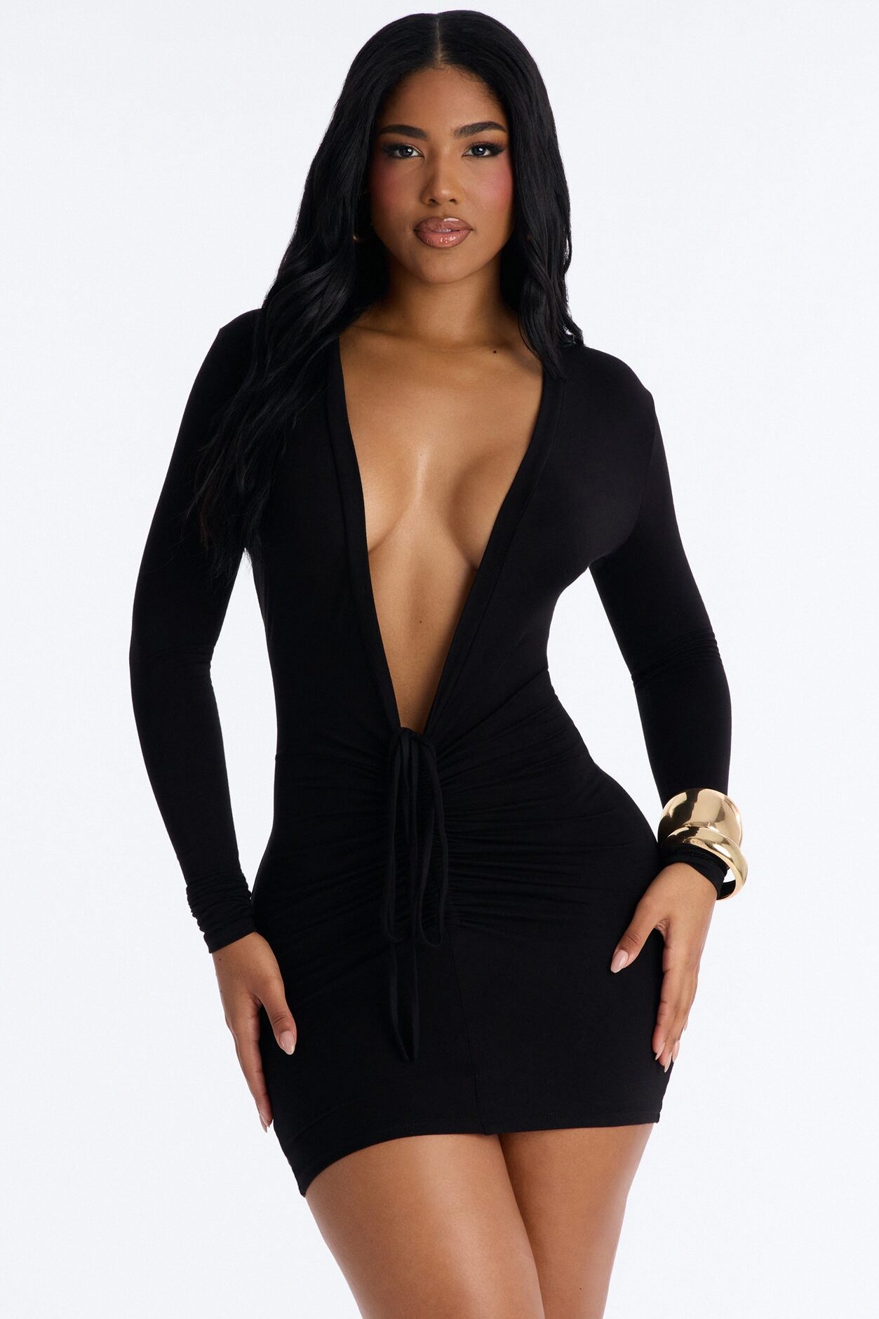 Baddie Core Deep V-Neck Mini Dress - Black