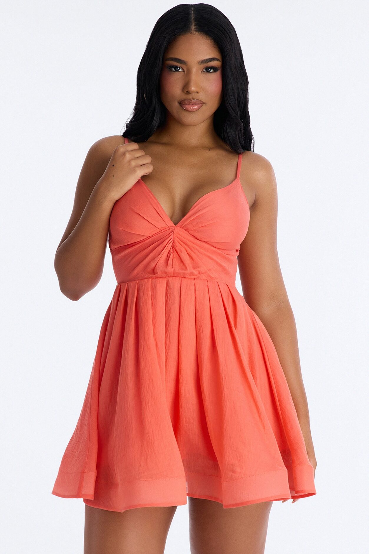 Janelle Pleated Organza Mini Dress - Coral