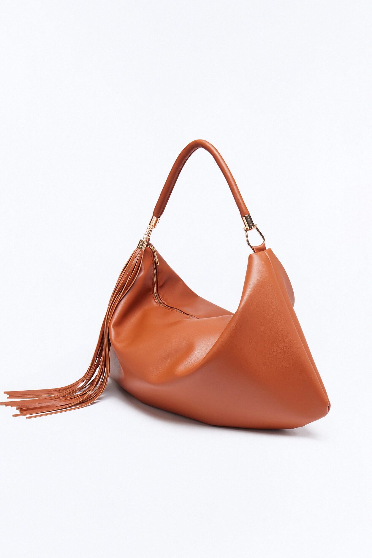 Leather Whip Faux Leather Shoulder Handbag - Cognac