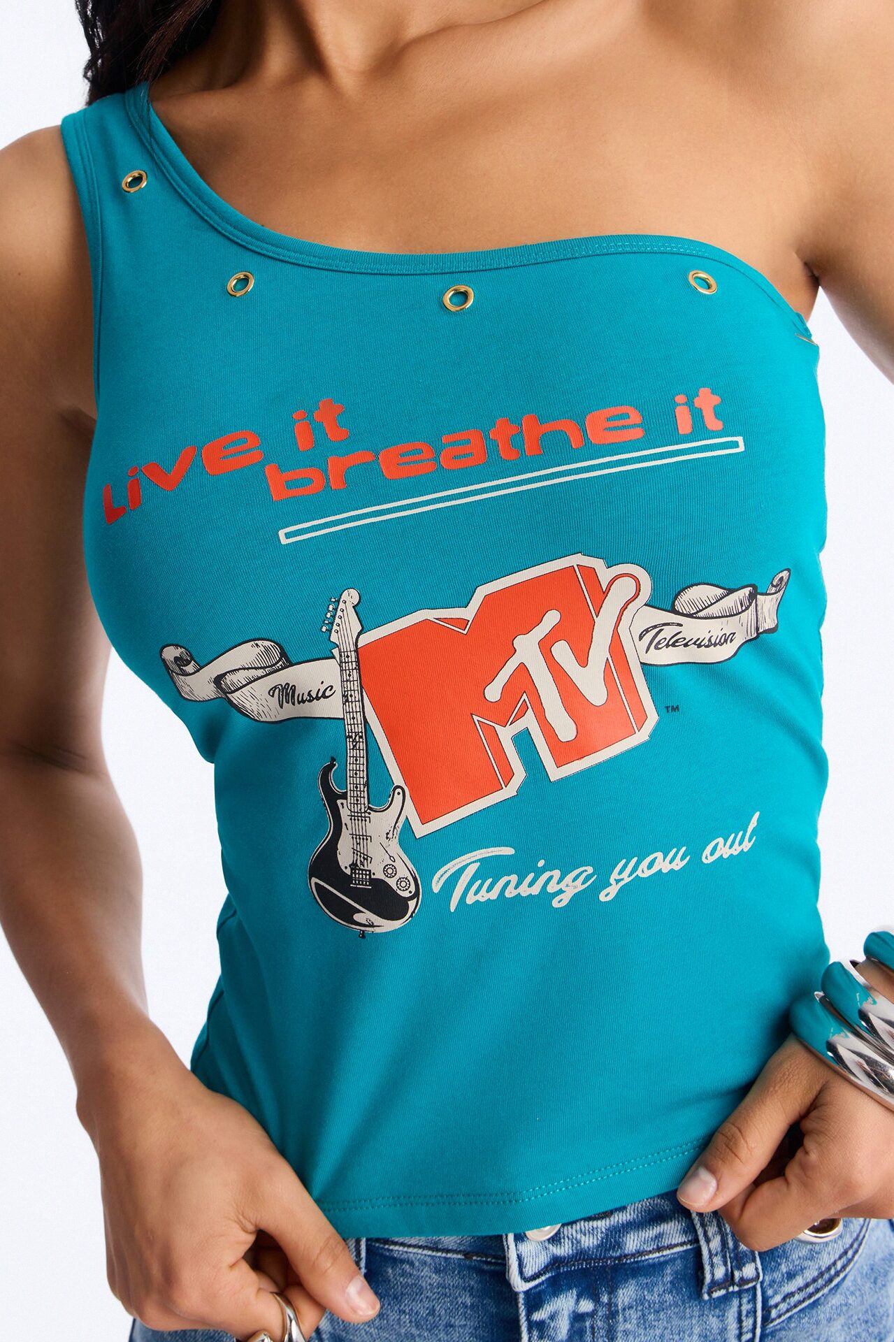 MTV One Shoulder Studded Tank - Teal