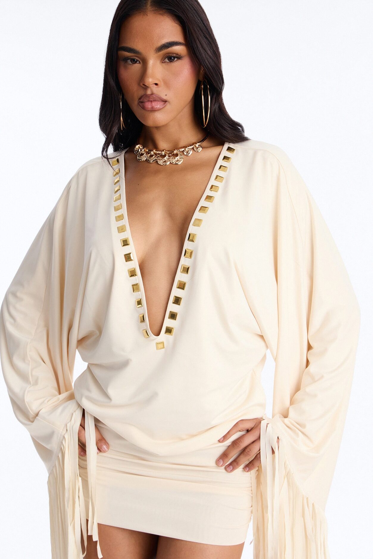 Cleo Studded Fringe Mini Dress - Cream