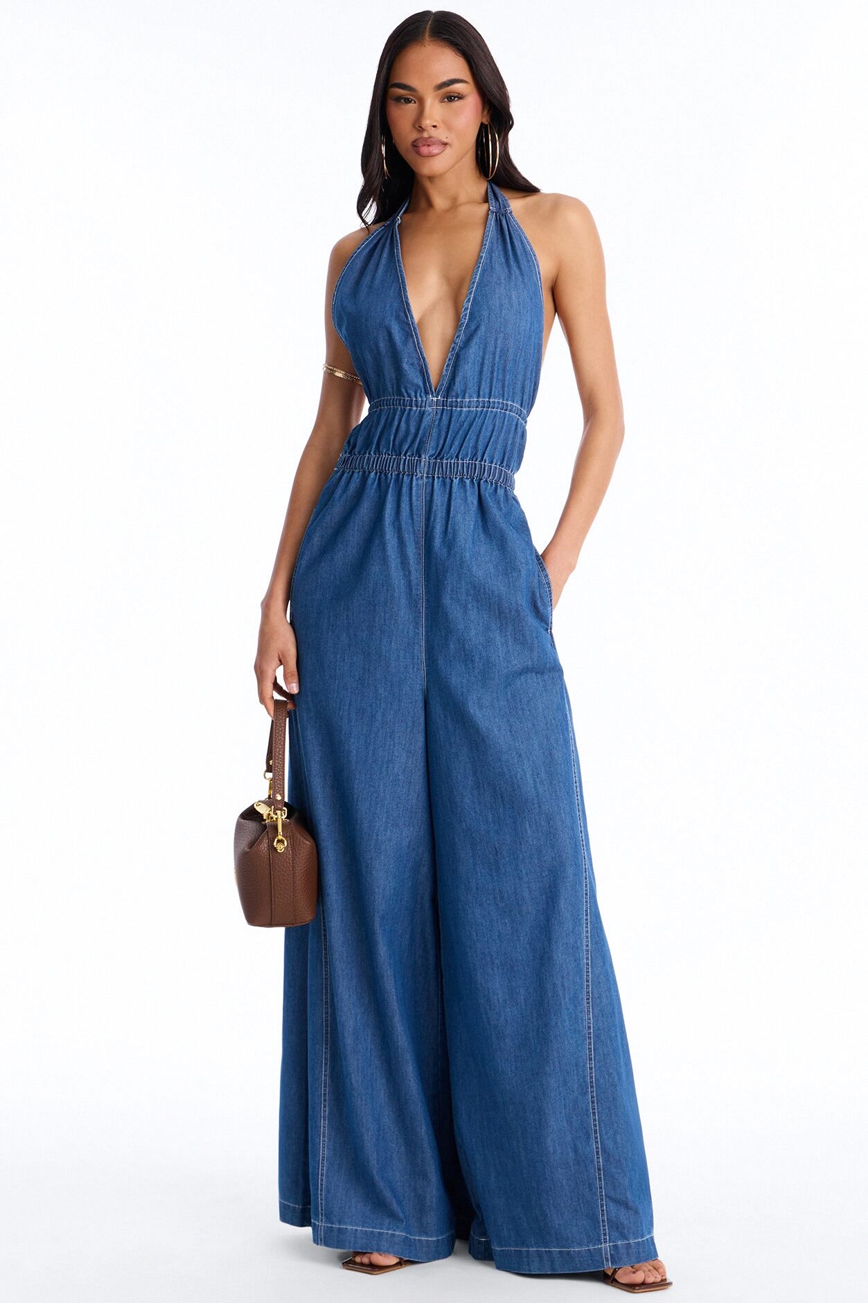 Bianca Backless Wide Leg Denim Jumpsuit - Medium Wash