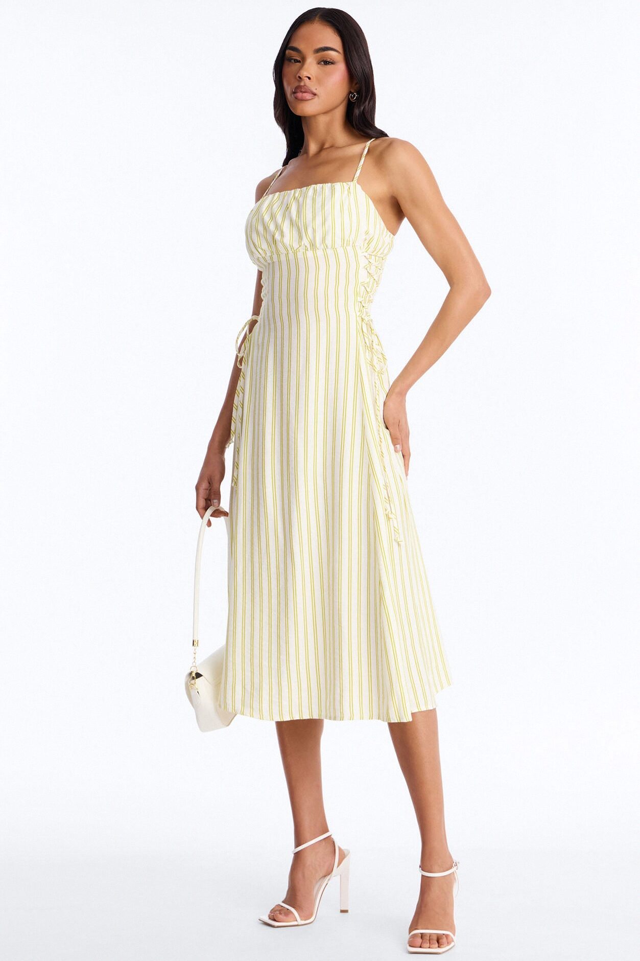 Claire Lace Up Pinstripe Midi Dress - Sage/combo