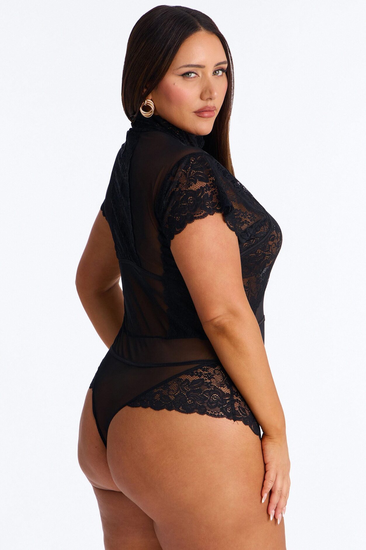 Mirabel Lace Button Up Mock Neck Short Sleeve Bodysuit - Black