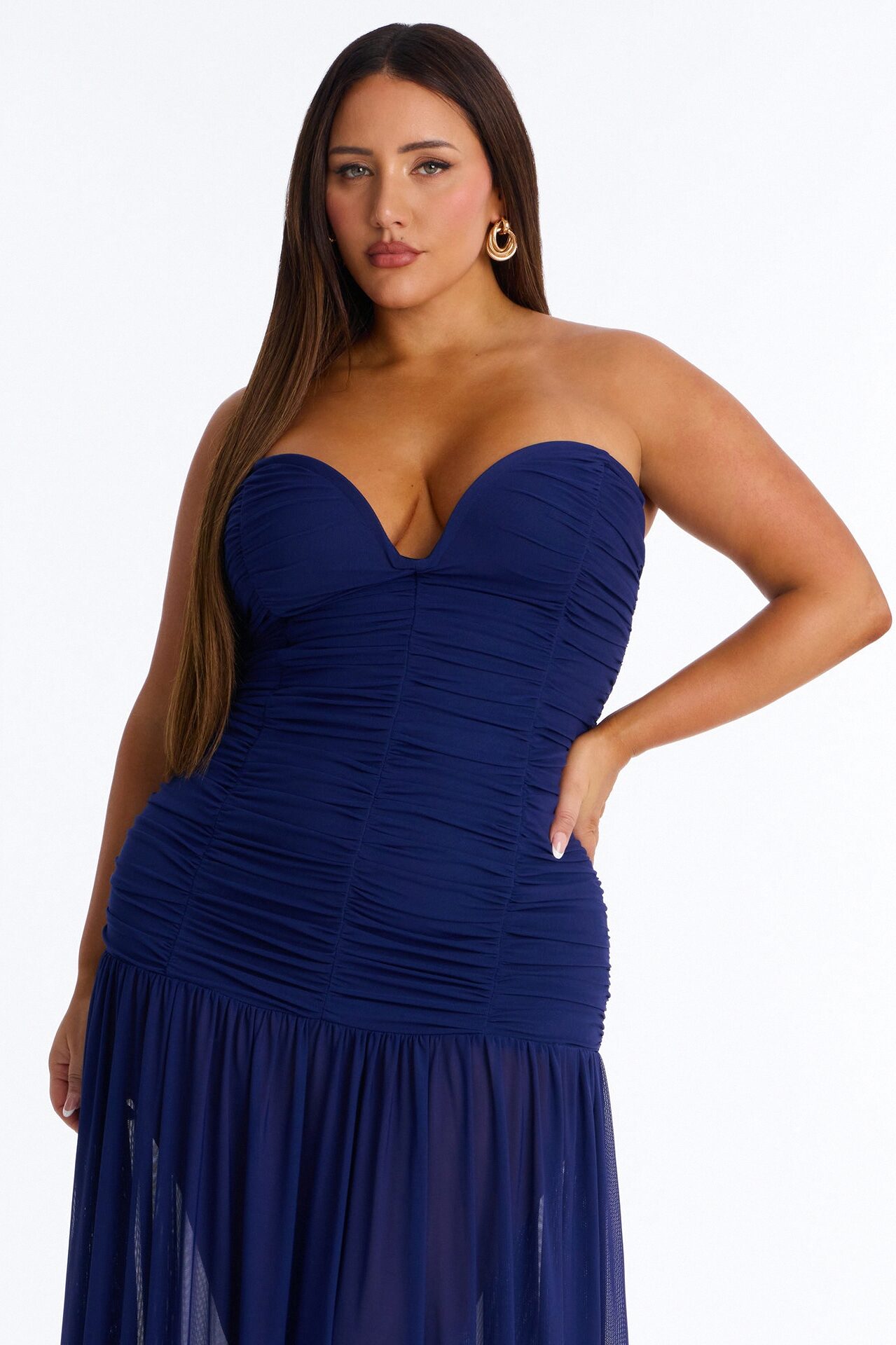 Soft Glam Ruched Mesh Gown - Navy
