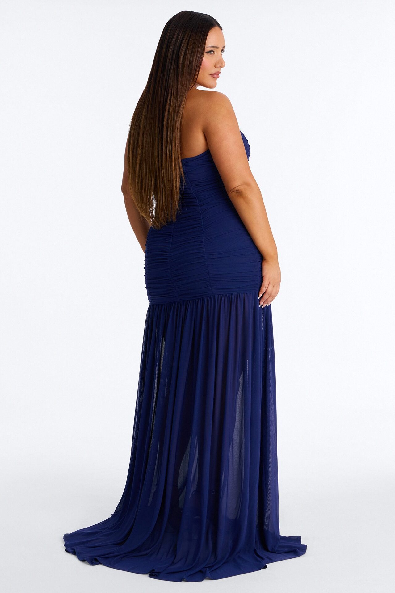 Soft Glam Ruched Mesh Gown - Navy