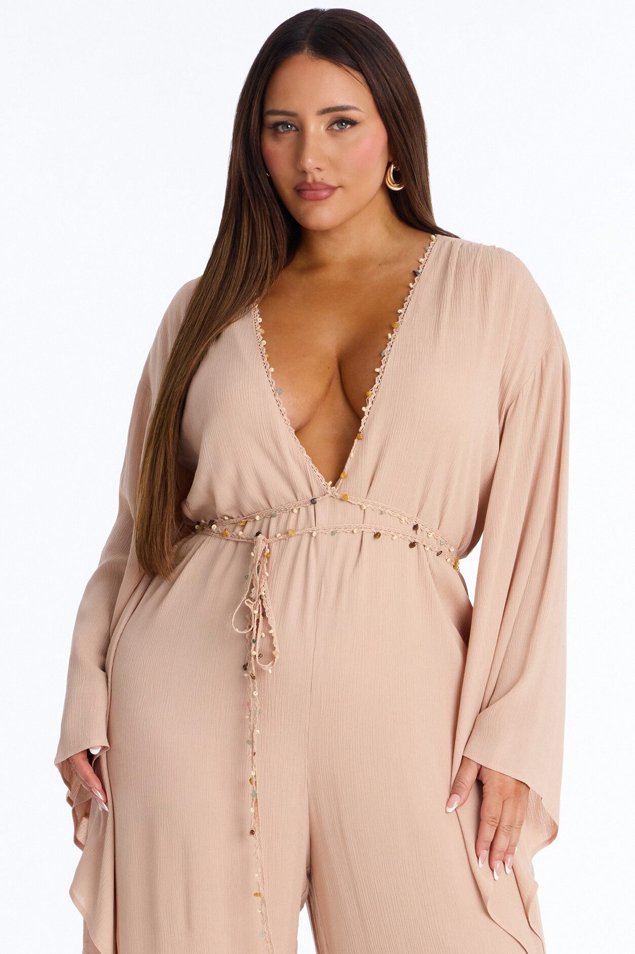 Mailey Beaded Tie Waist Wide Leg Jumpsuit - Tan