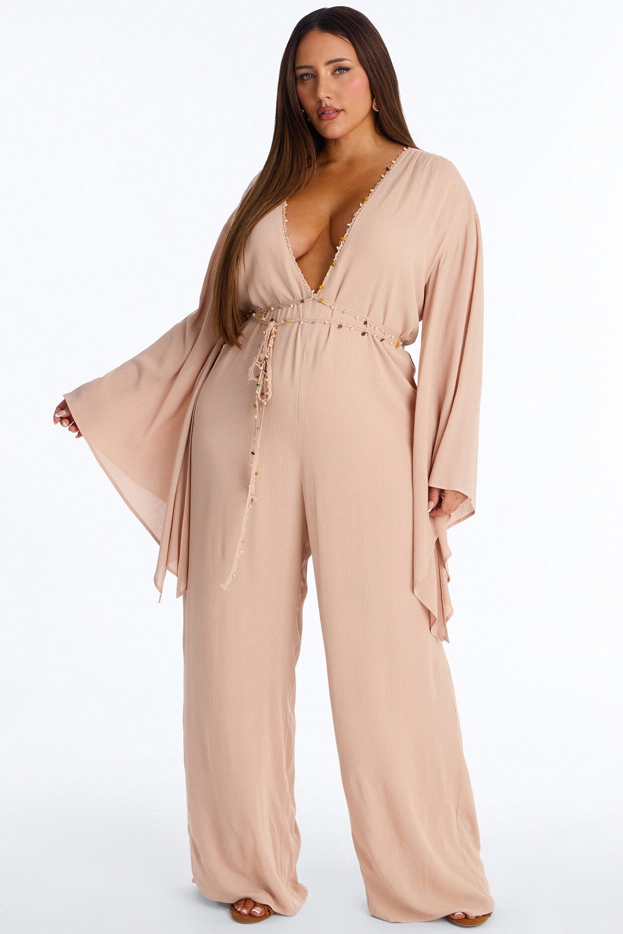 Mailey Beaded Tie Waist Wide Leg Jumpsuit - Tan