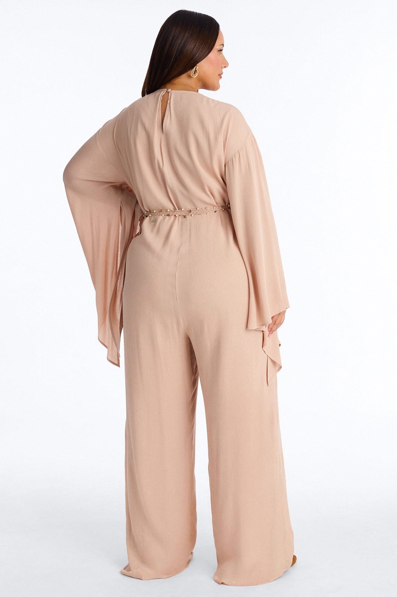 Mailey Beaded Tie Waist Wide Leg Jumpsuit - Tan