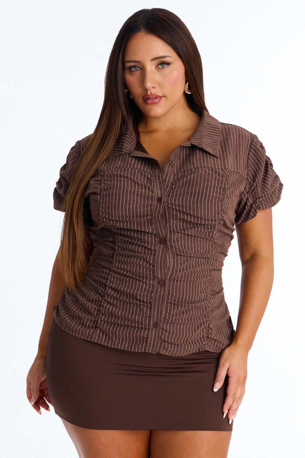Streetwear Sweetness Ruched Pinstripe Top - Brown/combo