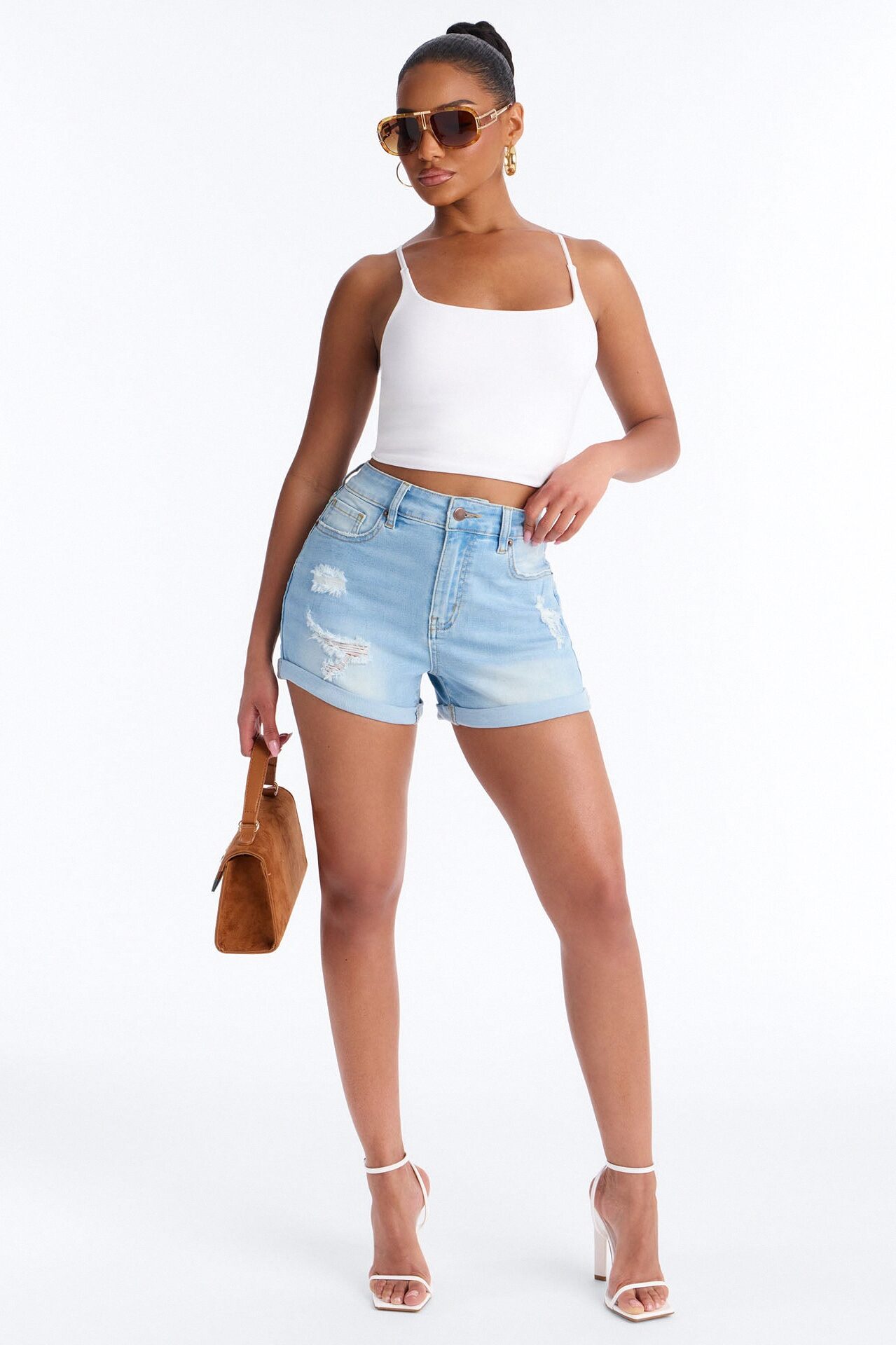 90s Mom Stretch Ripped Denim Shorts - Light Blue Wash