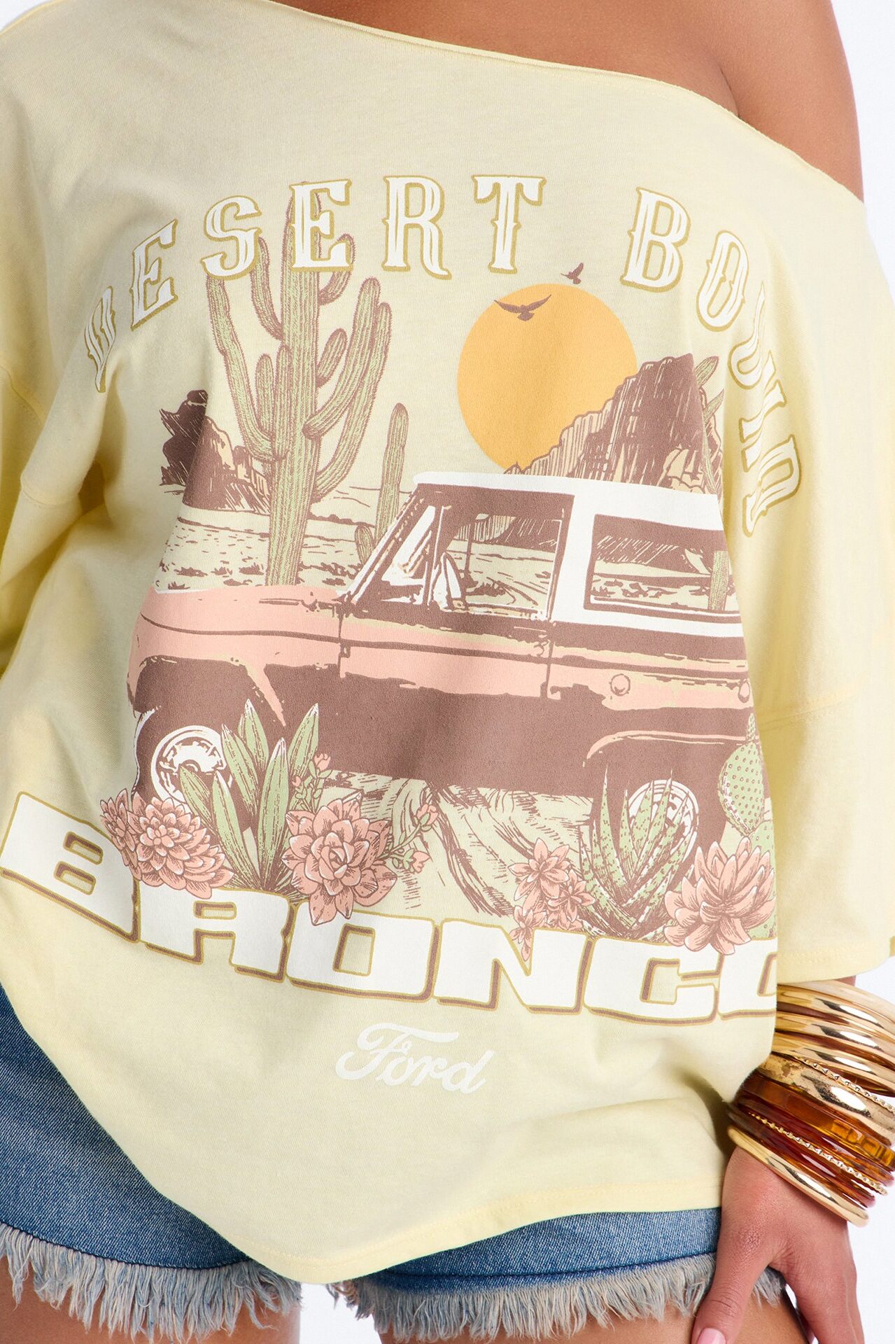 Bronco Off Shoulder Cropped Tee - Butter Yellow
