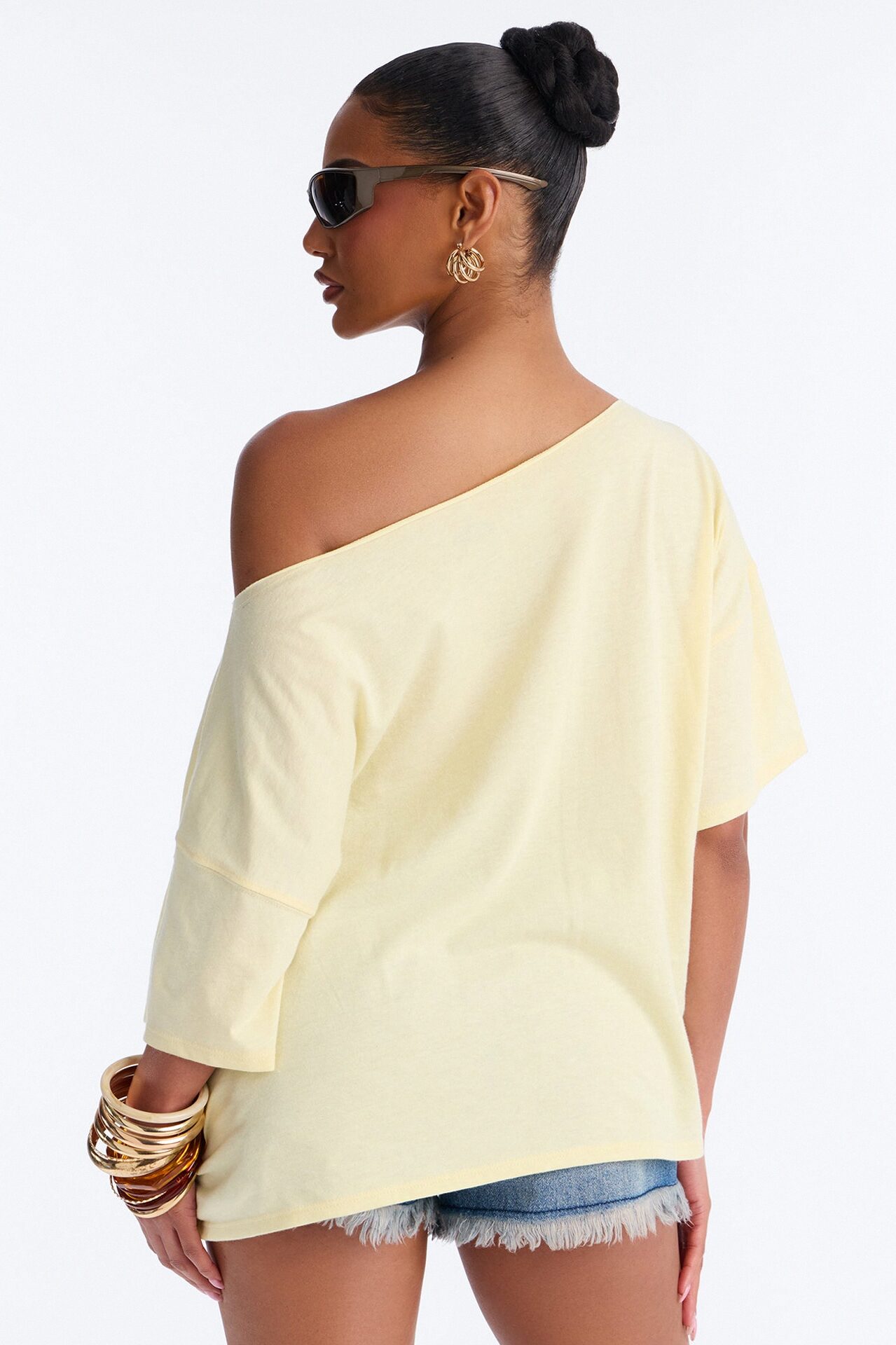 Bronco Off Shoulder Cropped Tee - Butter Yellow