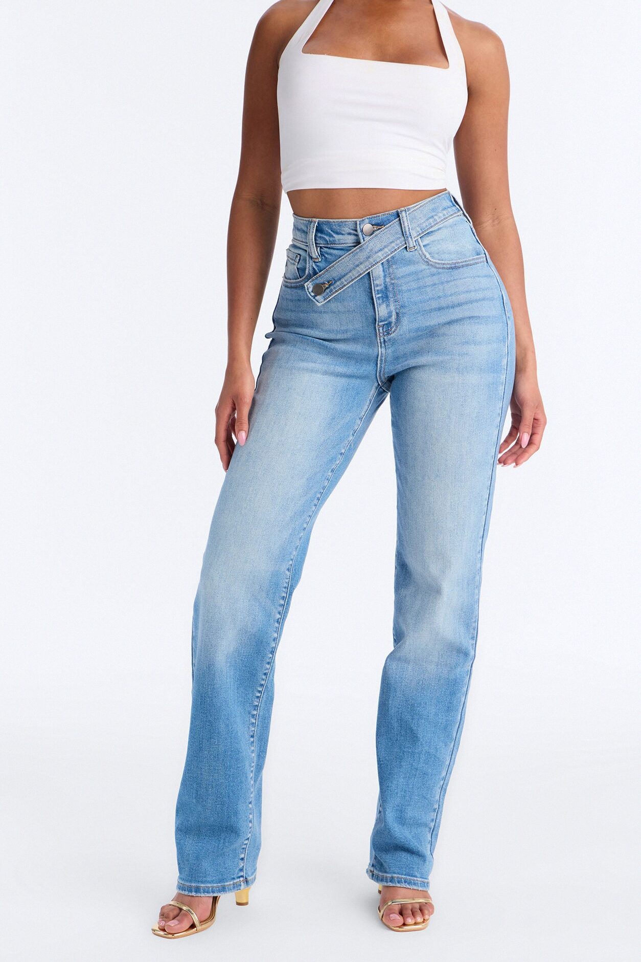 Cambria Crossover Stretch Straight Leg Jeans - Medium Wash