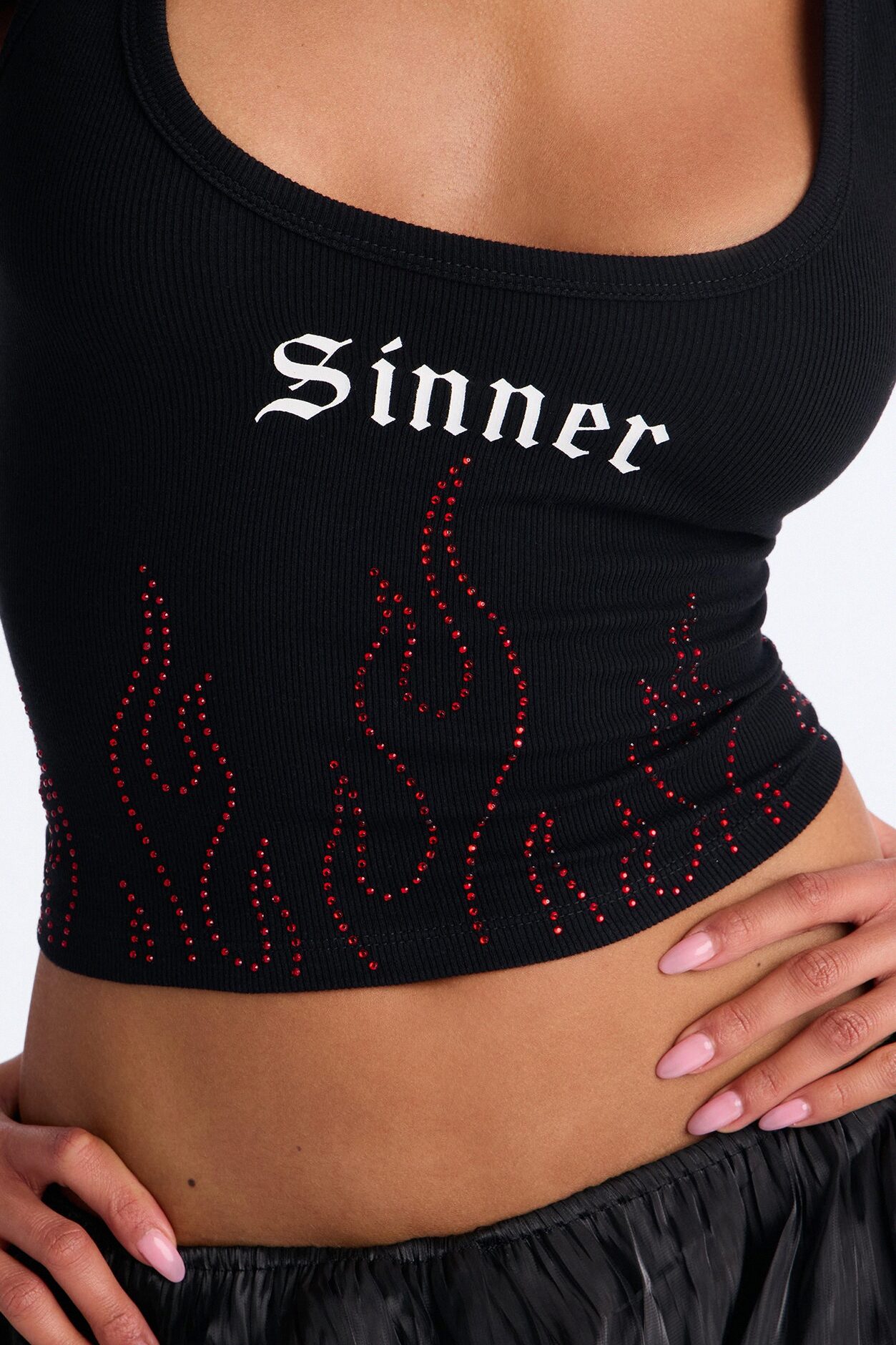 Sinner Rhinestone Flame Tank Top - Black
