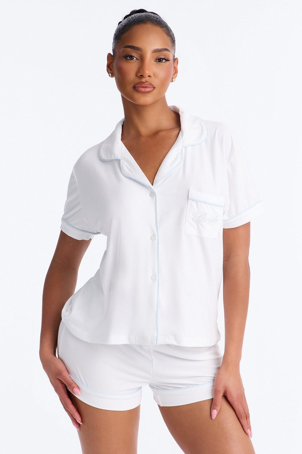 Bride Notch Collar PJ Short Set - White/Blue