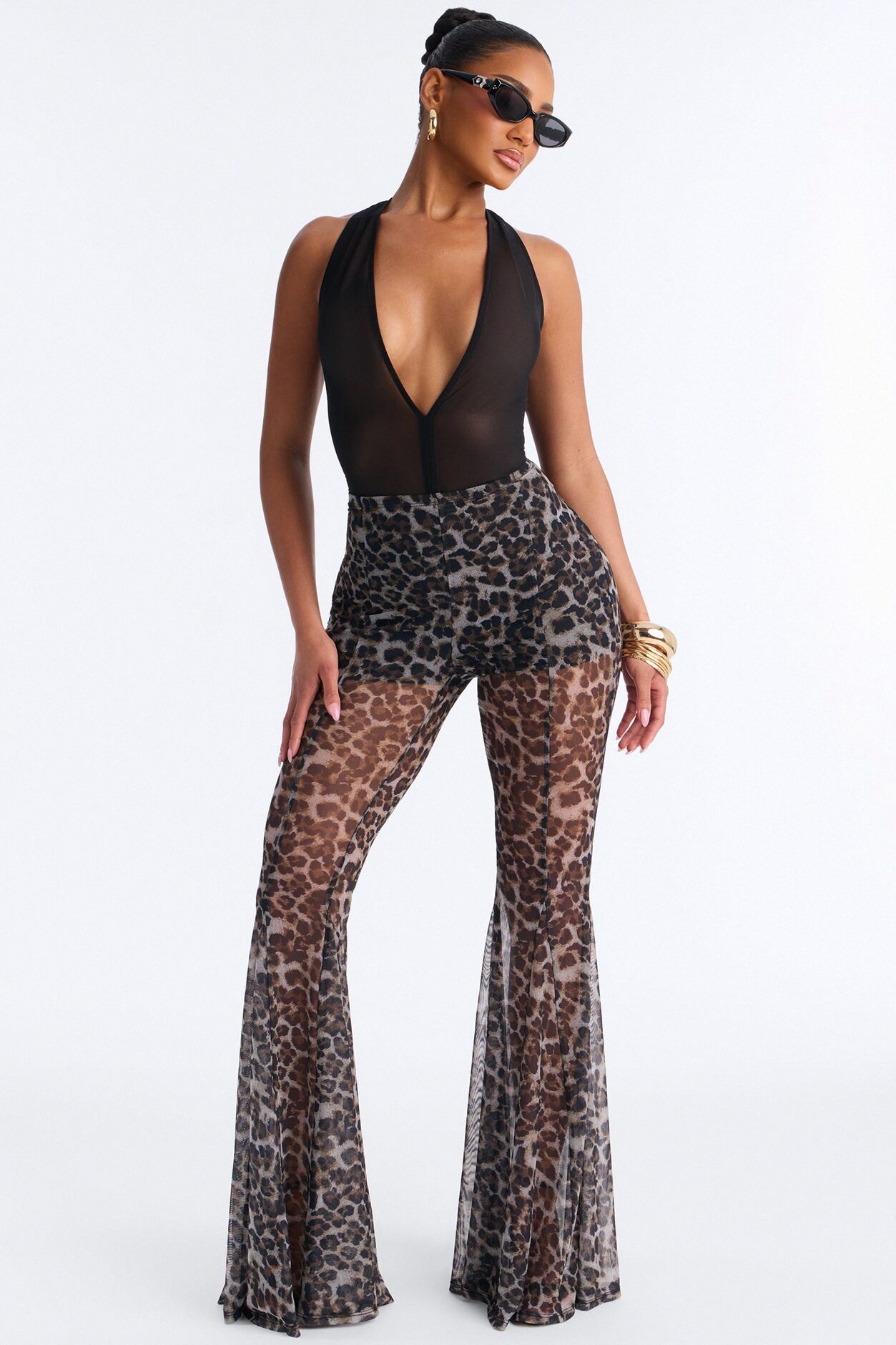 Talk Nice to Me Flared Leopard Mesh Pant - Leopard