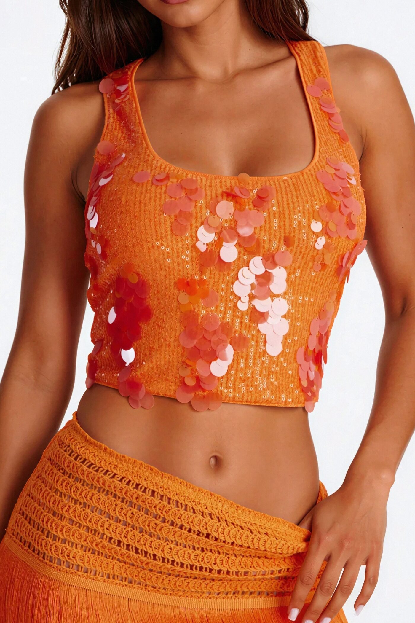 Beach Getaway Sequin Scoop Neck Top - Orange