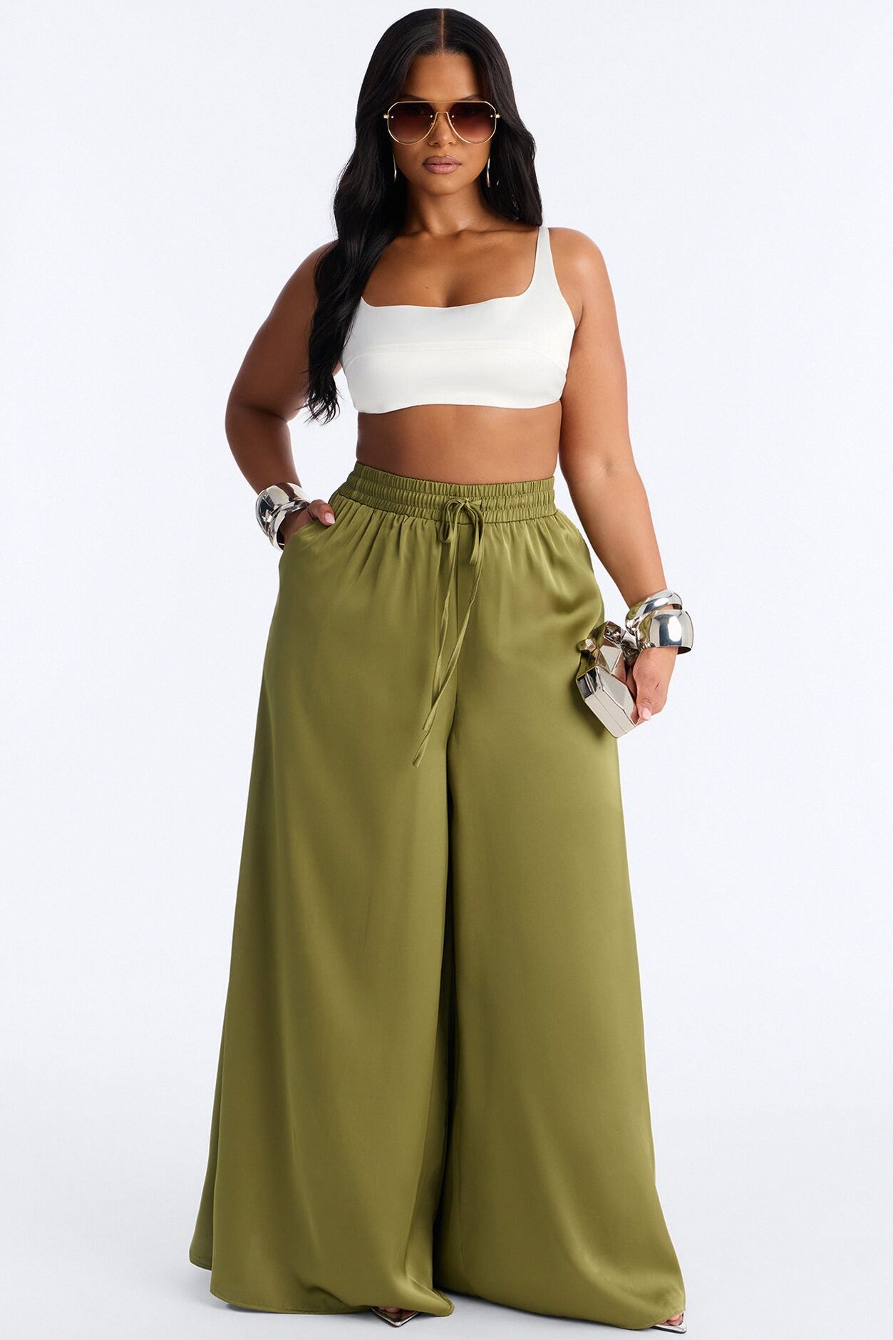 Slay All Night Wide Leg Satin Pant 33″ - Olive