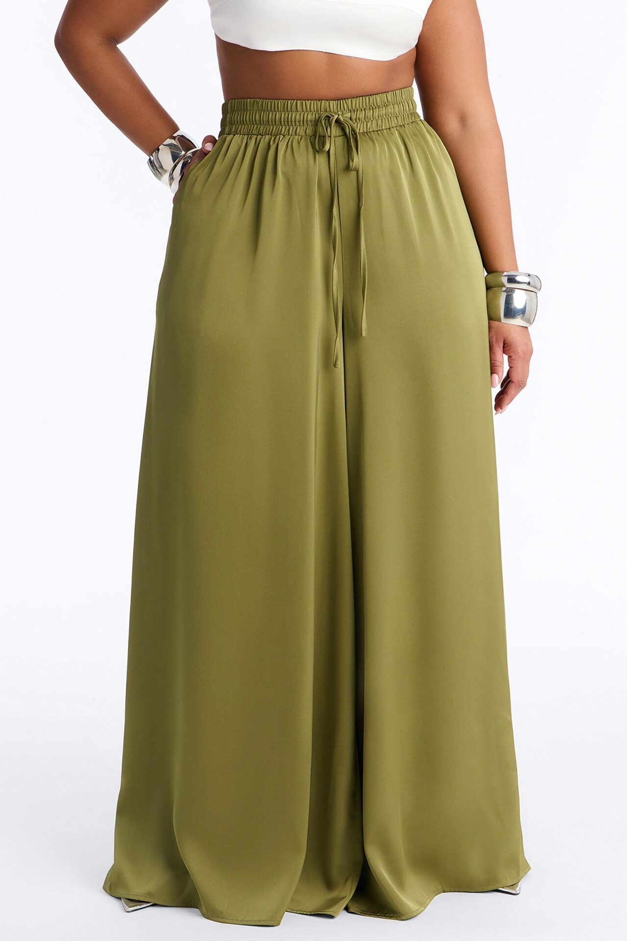 Slay All Night Wide Leg Satin Pant 33″ - Olive
