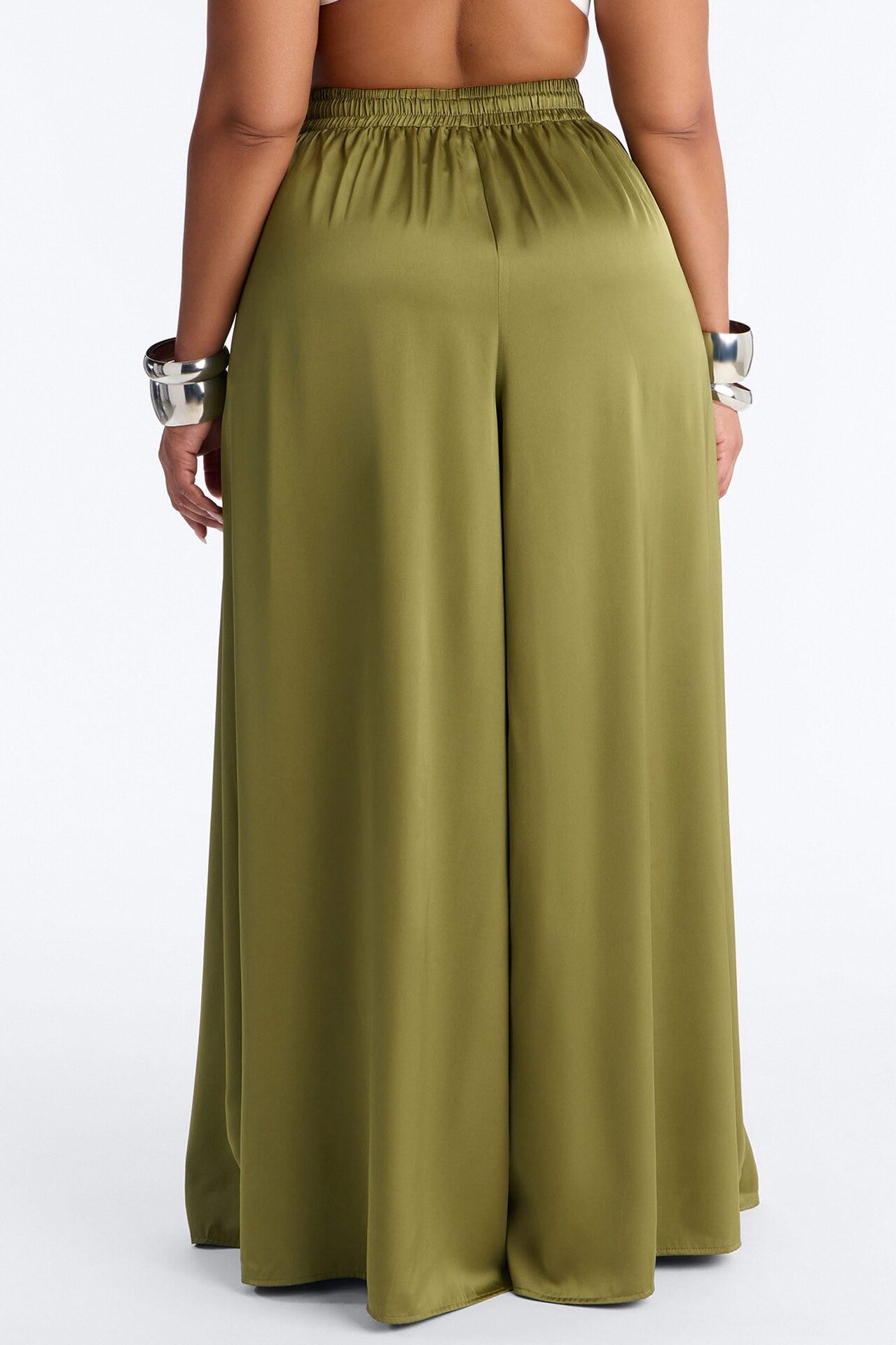 Slay All Night Wide Leg Satin Pant 33″ - Olive