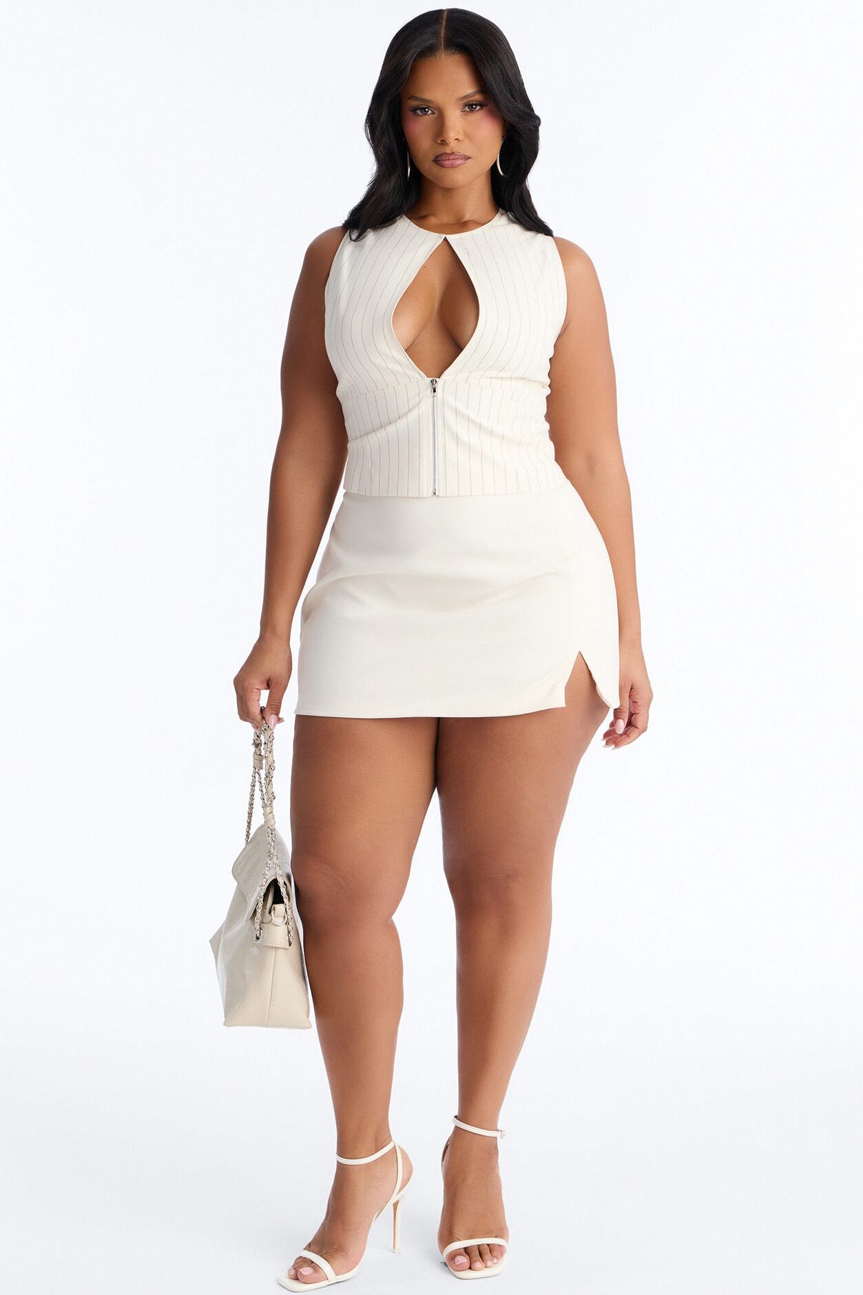 City Heart Front Zip Pinstripe Linen Top - Cream/combo