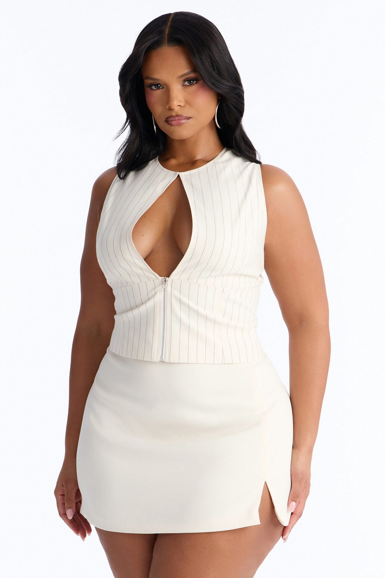 City Heart Front Zip Pinstripe Linen Top - Cream/combo