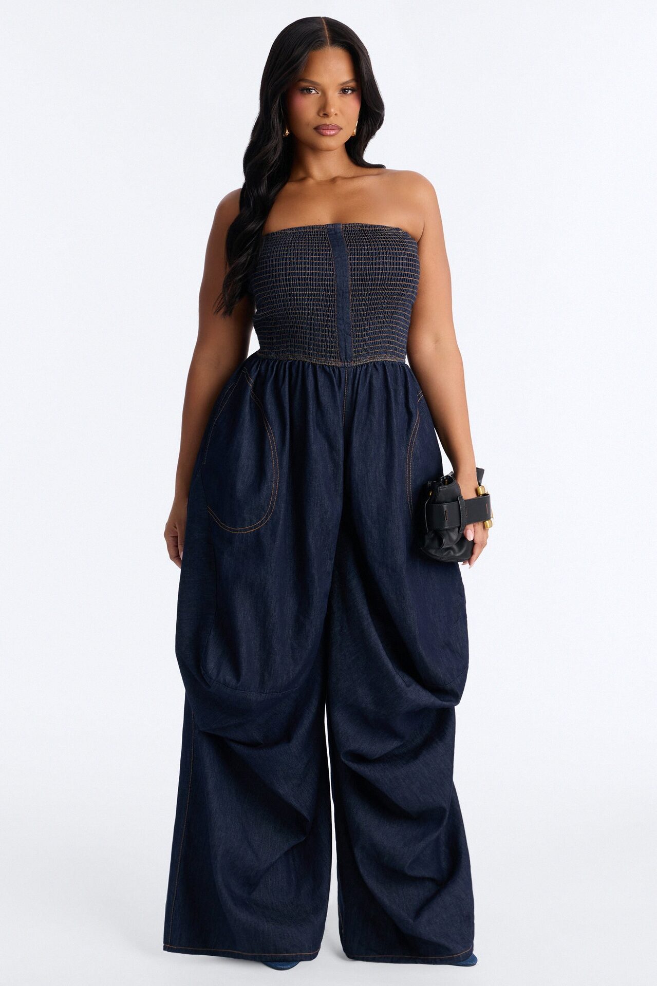 Bella Smocked Denim Jumpsuit - Dark Wash