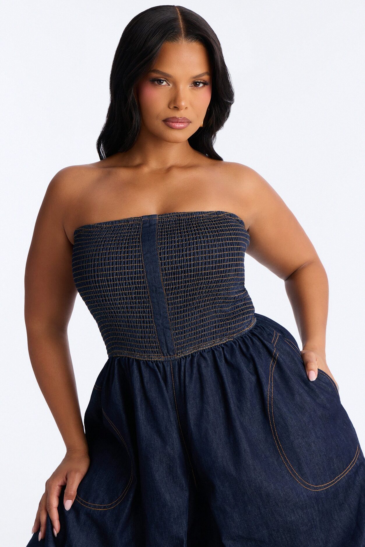 Bella Smocked Denim Jumpsuit - Dark Wash