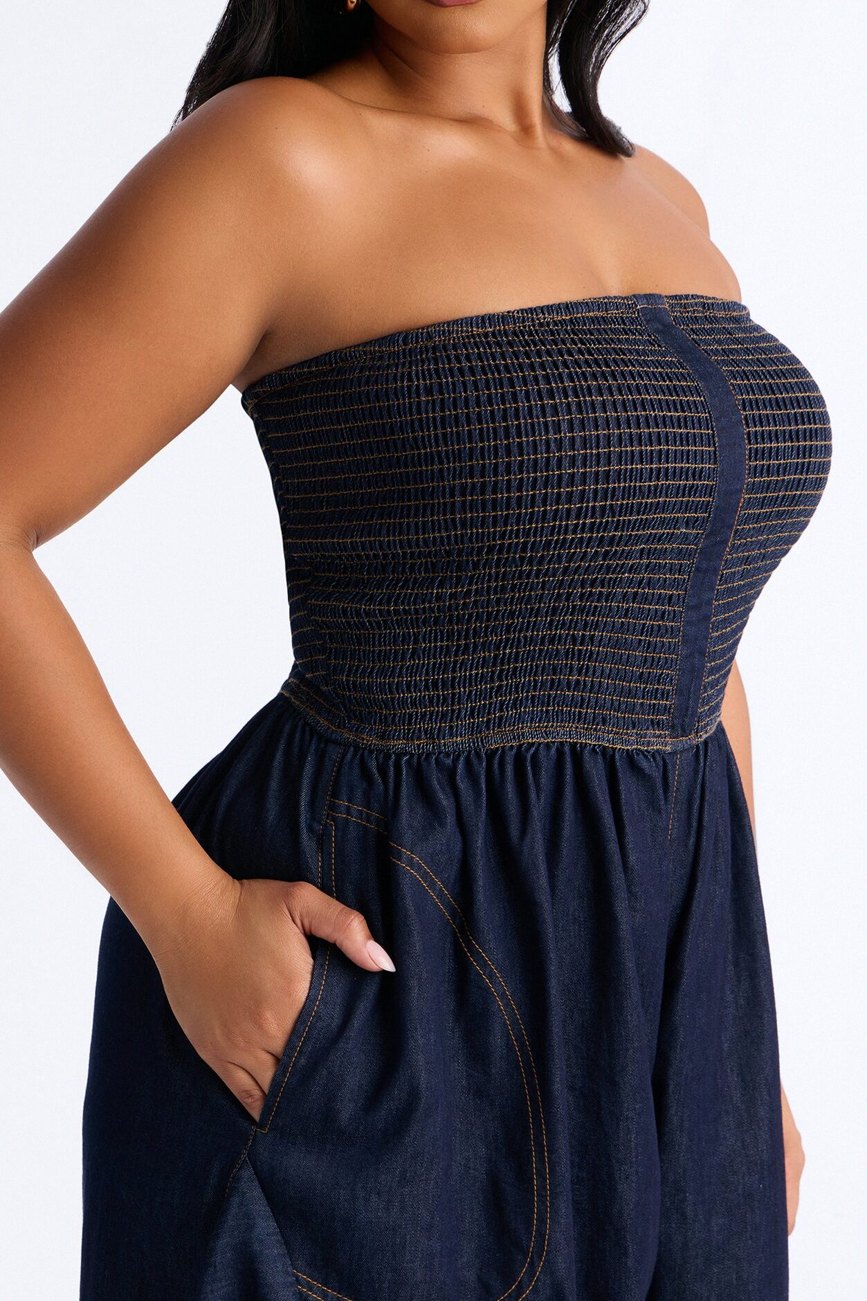 Bella Smocked Denim Jumpsuit - Dark Wash
