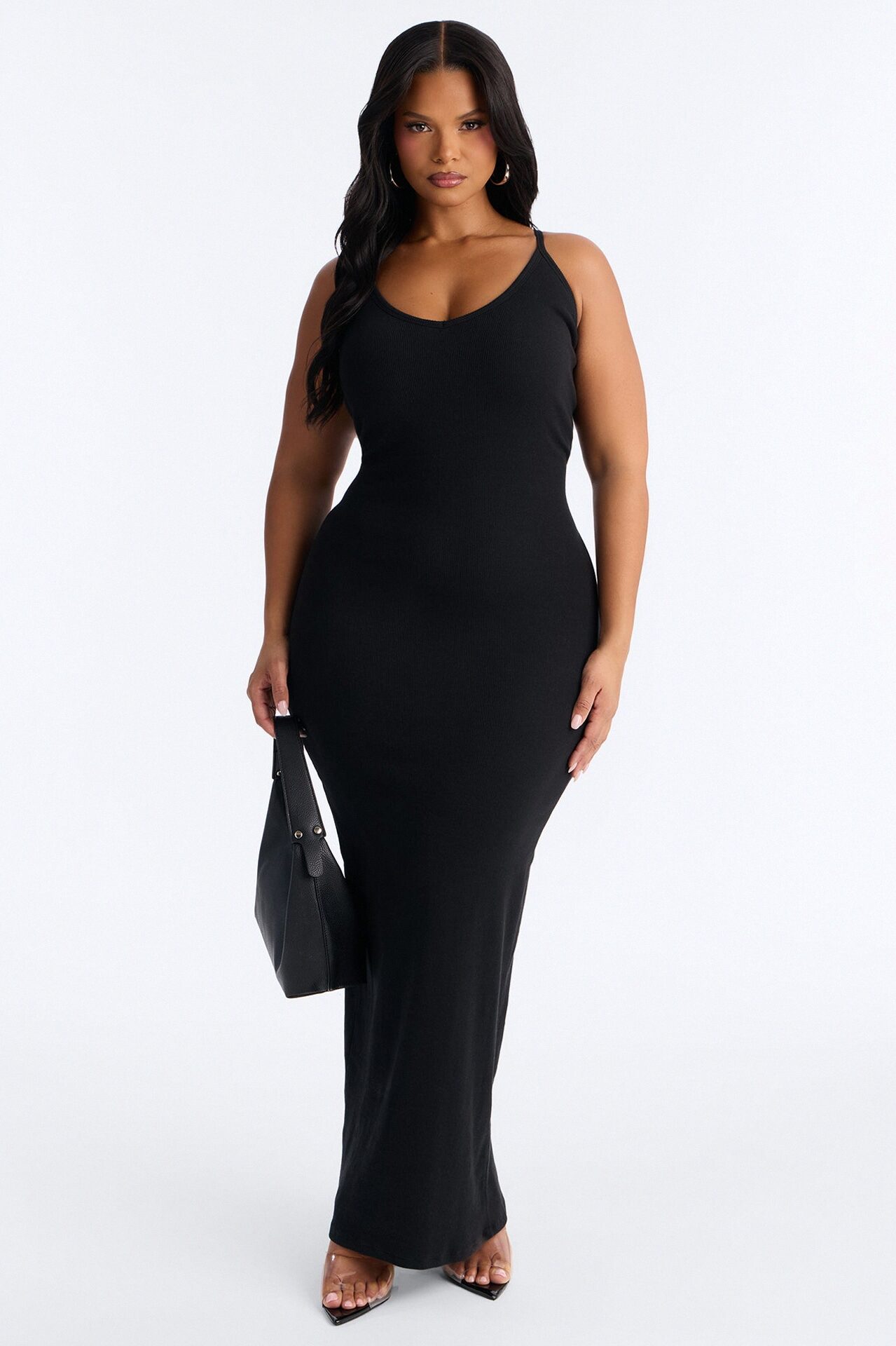 On The Daily Padded Ribbed Maxi Dress - Black