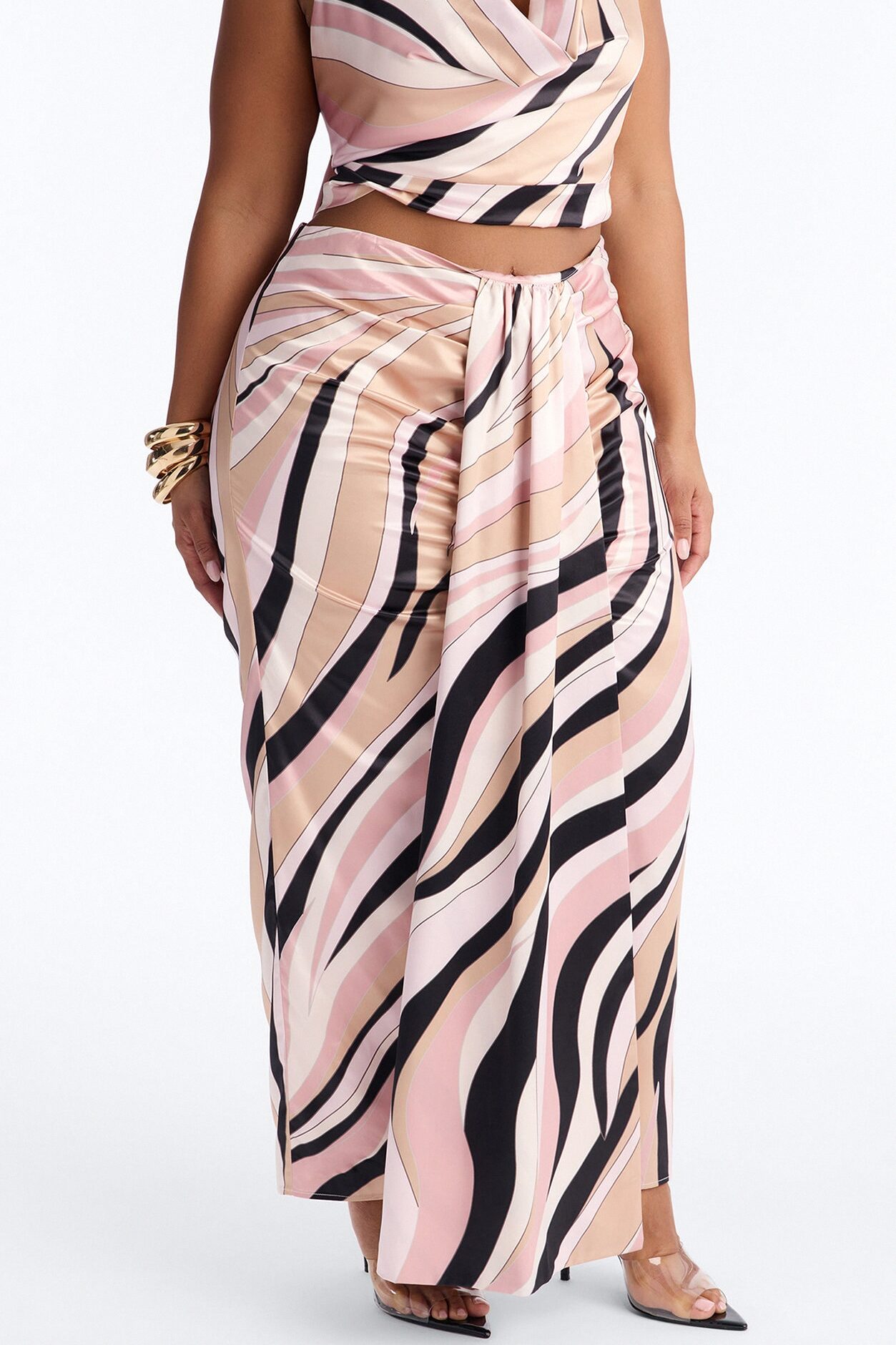 Untamed Abstract Satin Cowl Top And Head Scarf - Pink/combo