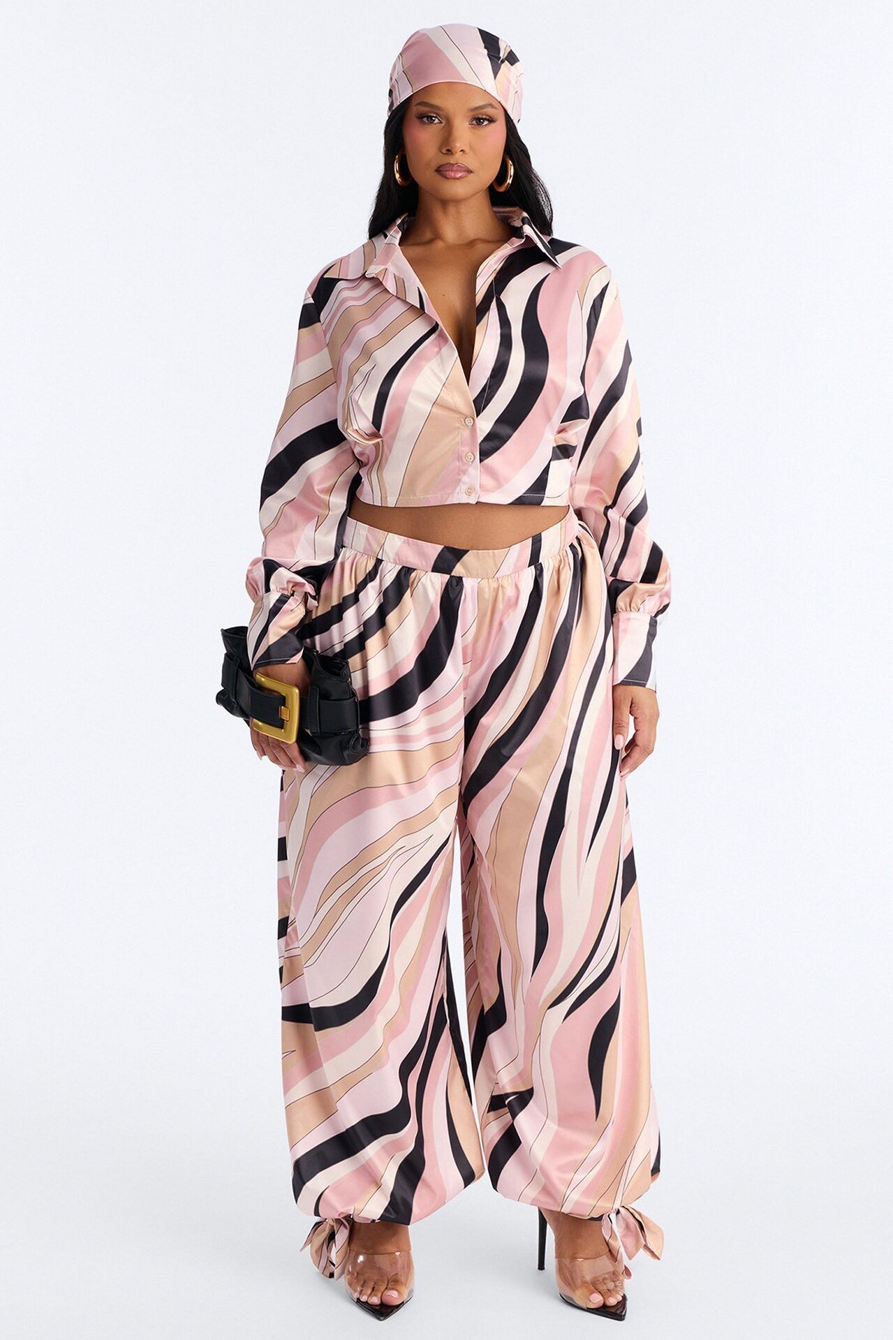 Untamed Abstract Satin Pant Set And Head Scarf - Pink/combo