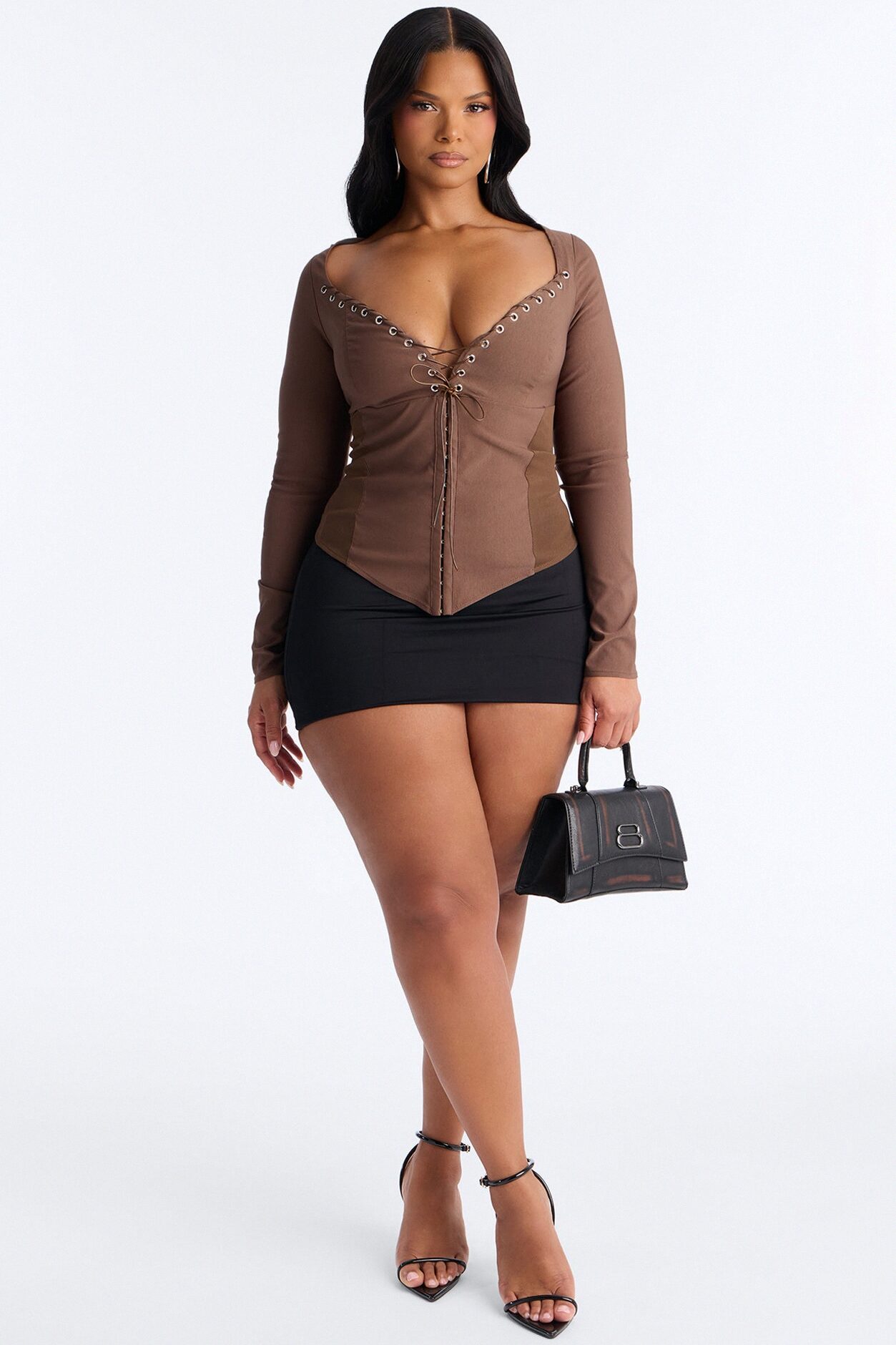 Janet Lace Up Corset Long Sleeve Top - Chocolate